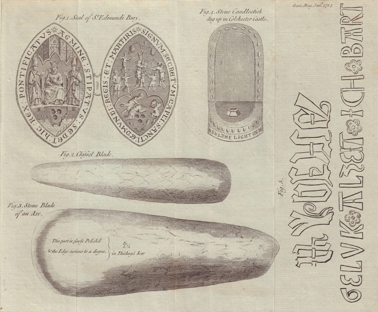 Bury St. Edmunds seal. Chisel & Stone Axe Blades. Colchester Candlestick 1784