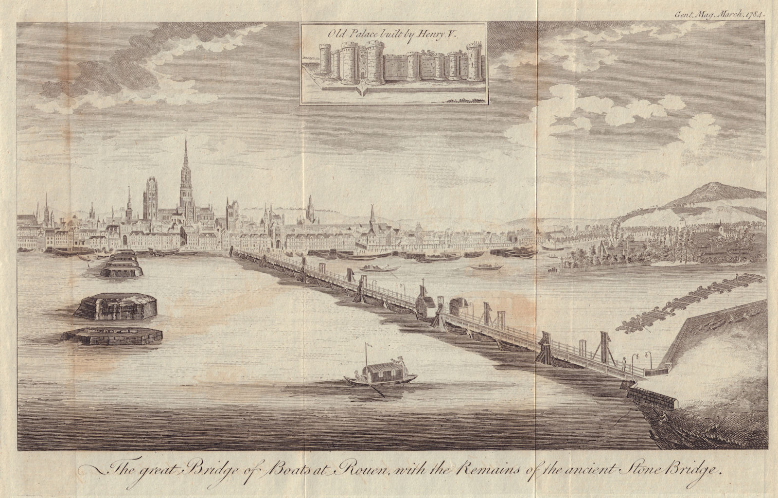 The great bridge of boats at Rouen with the remains of the ancient… 1784 print
