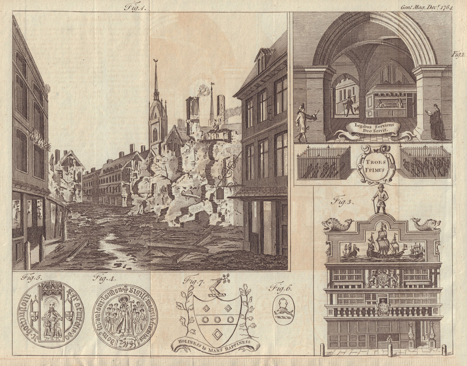 Associate Product Thames Street 1714 fire. Temple Church porch. East India House. London 1784