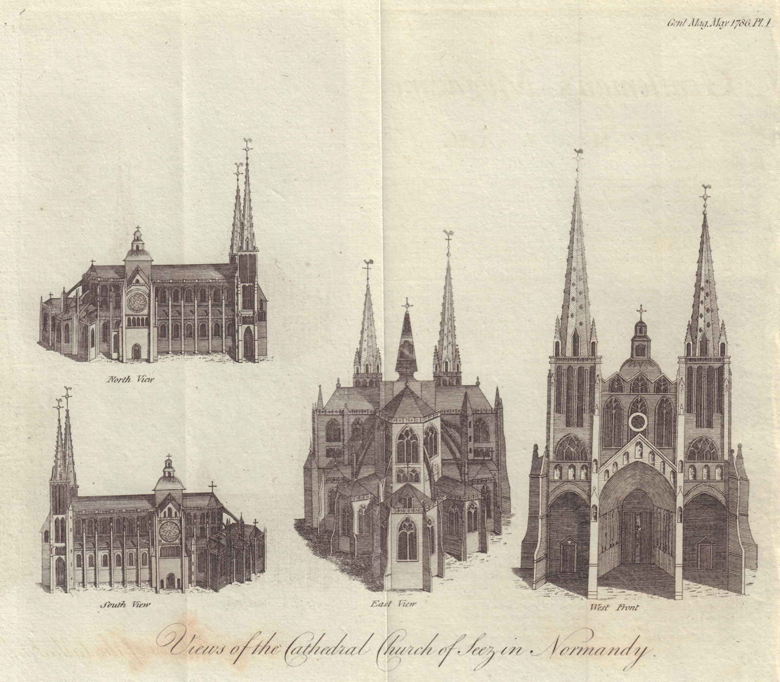 Associate Product Four views of the Cathedral Church of Seez (Sées) in Normandy. Orne 1786 print