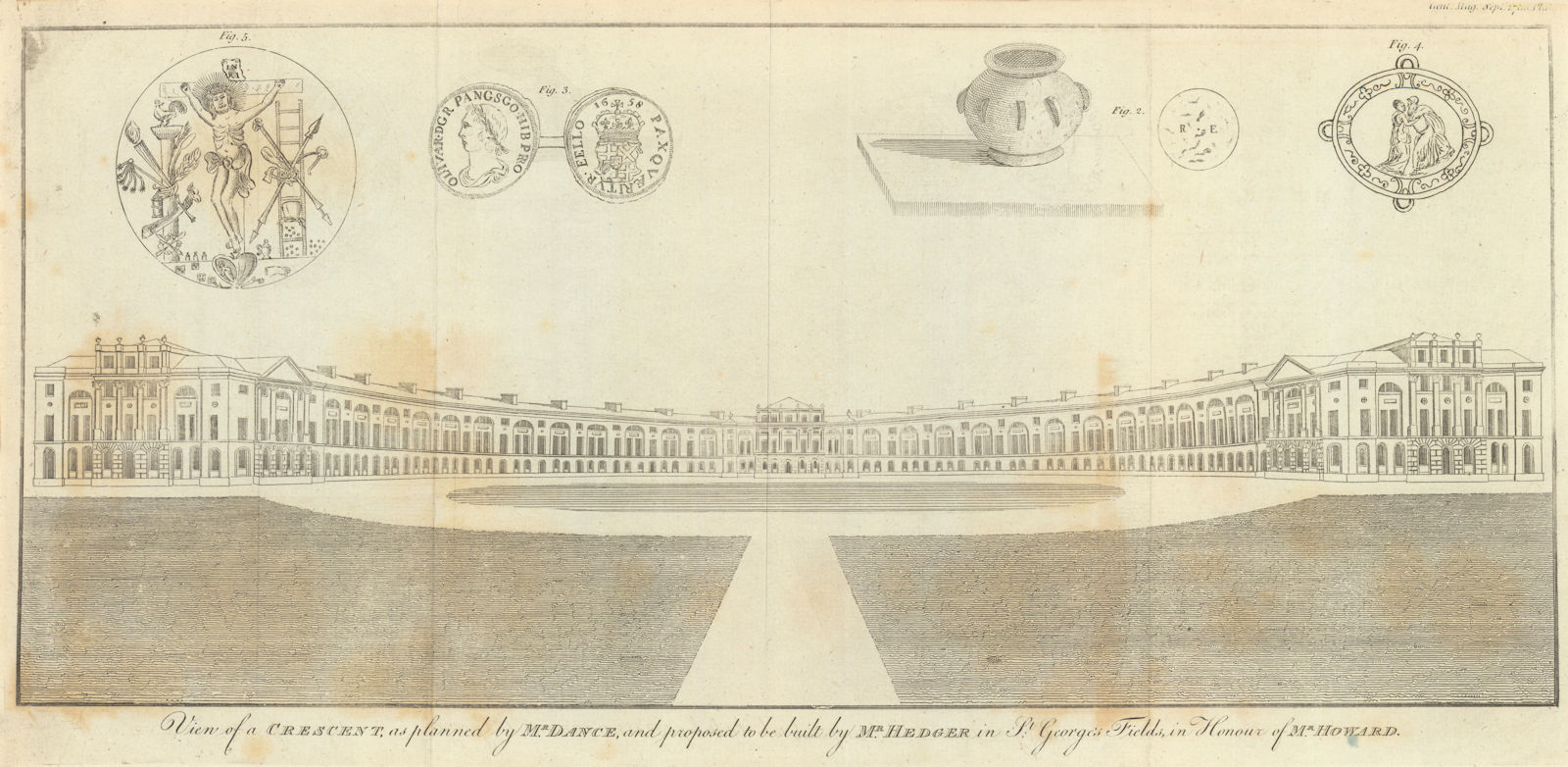 Crescent planned by George Dance proposed for St. George Fields, Southwark 1786