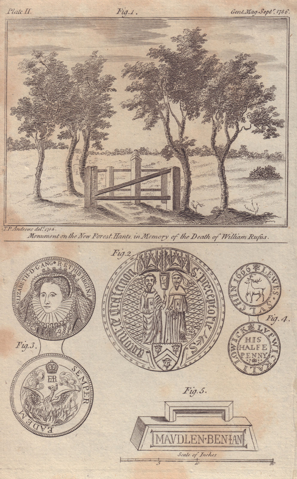 Associate Product Rufus Stone, New Forest. St. Antonii de Grateinon. Queen Elizabeth 1786 print