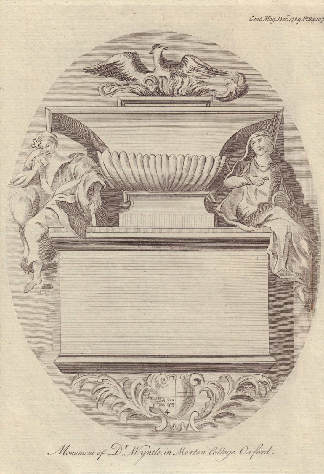 Monument of Dr Wyntle in the Chapel of Merton College Oxford 1789 old print