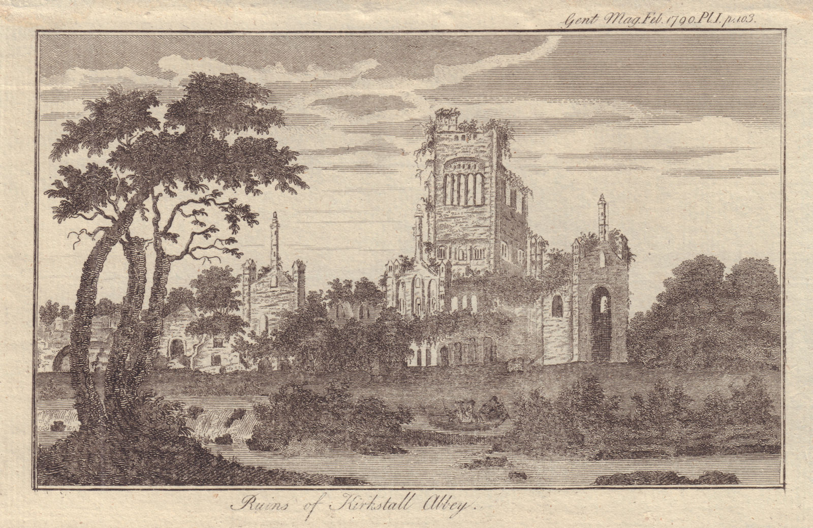 Ruins of Kirkstall Abbey, Yorkshire. GENTS MAG 1790 old antique print picture