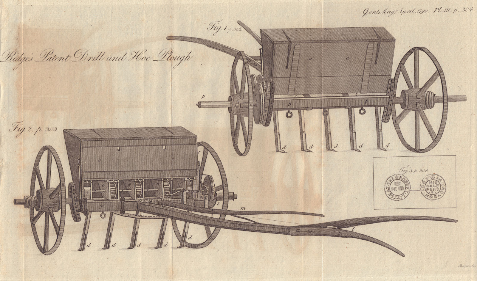 Associate Product Ridge's Patent Drill & Hoe Plough. Token "Robert Little" in Croydon, 1667.  1790