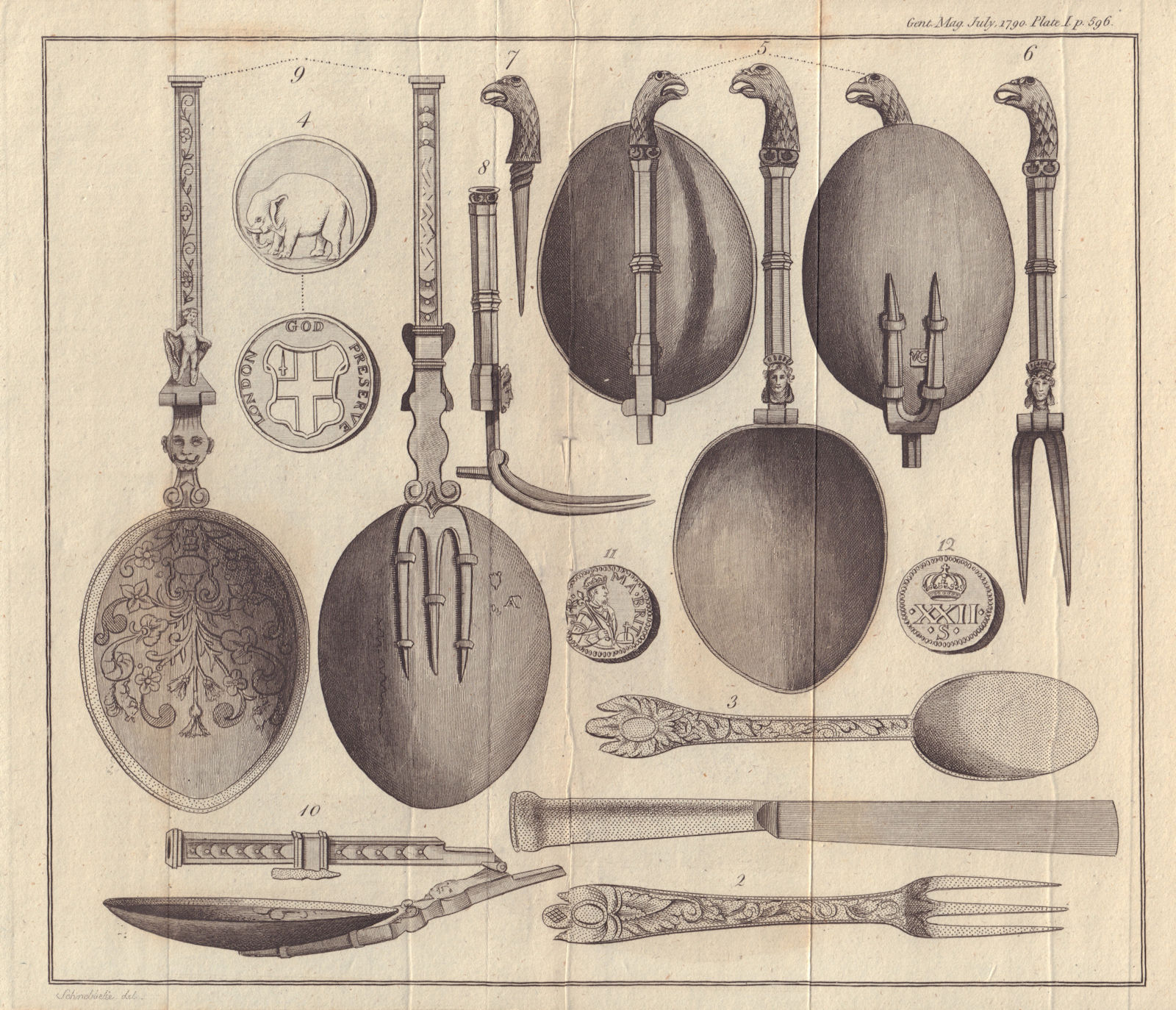 Antique Cutlery Enfield Palace. Loon Halfpenny. GENTS MAG 1790 old print