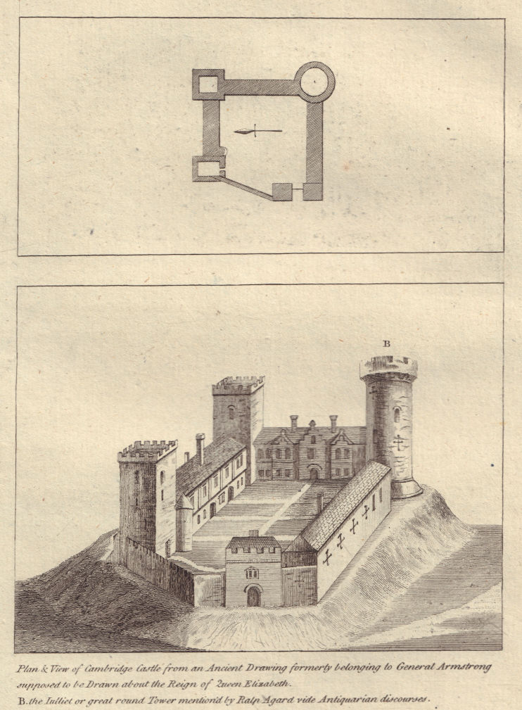 Plan & View of Cambridge Castle, Cambridgeshire. GROSE 1776 old antique print