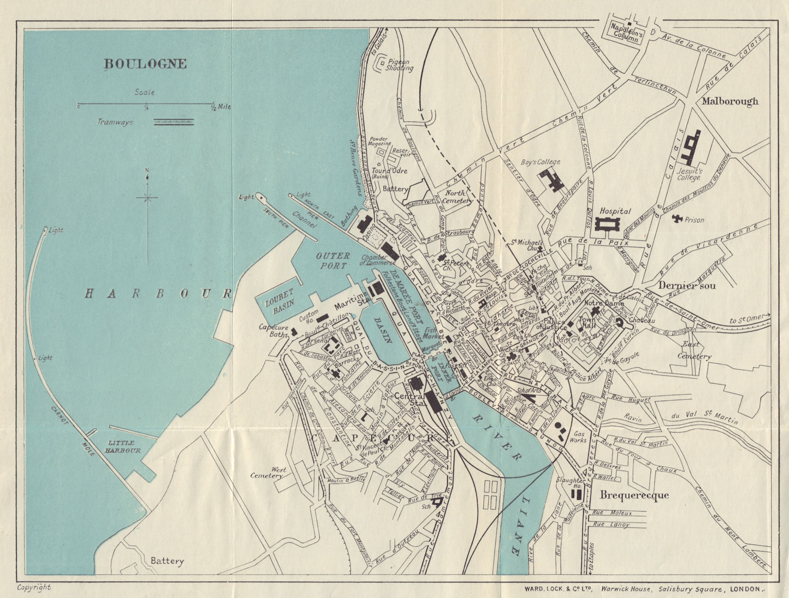 BOULOGNE vintage tourist town city plan. Pas-de-Calais. WARD LOCK 1924 old map