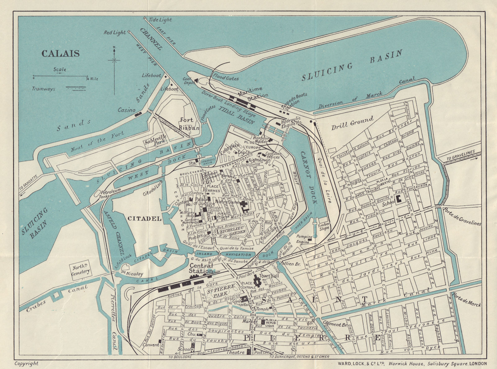 CALAIS vintage tourist town city plan. Pas-de-Calais. WARD LOCK 1924 old map