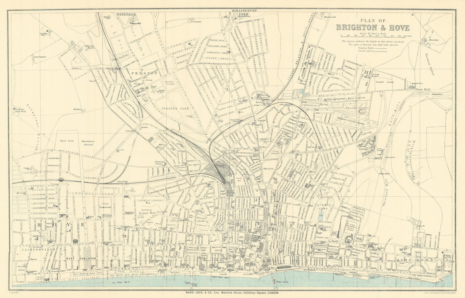 BRIGHTON & HOVE vintage town/city plan. Sussex. WARD LOCK 1922 old antique map