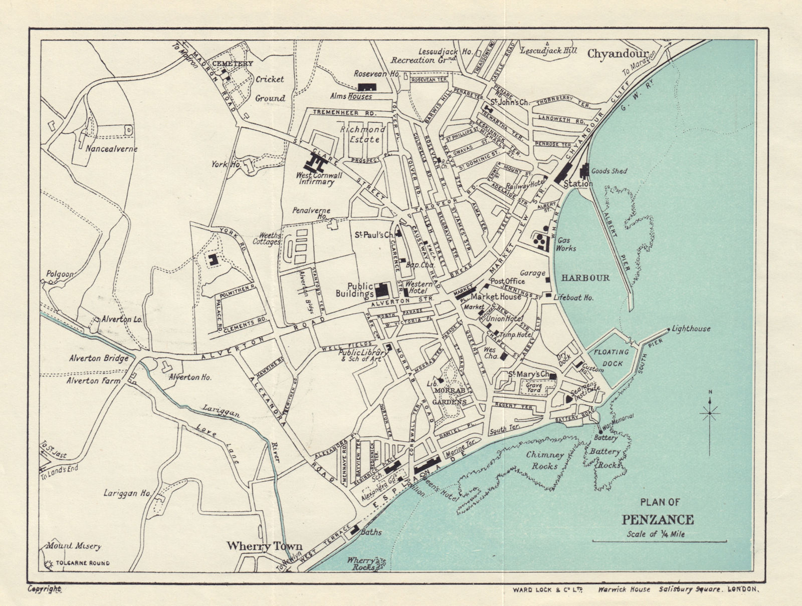 PENZANCE vintage town/city plan. Cornwall. WARD LOCK 1926 old vintage map