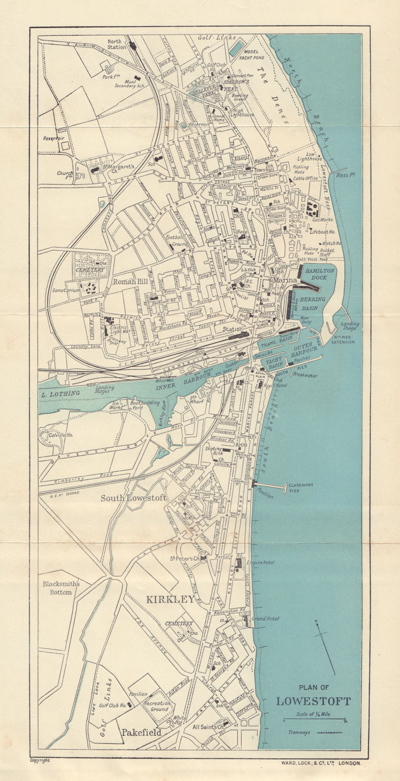 LOWESTOFT vintage town/city plan. Suffolk. Kirkley. WARD LOCK 1919 old map