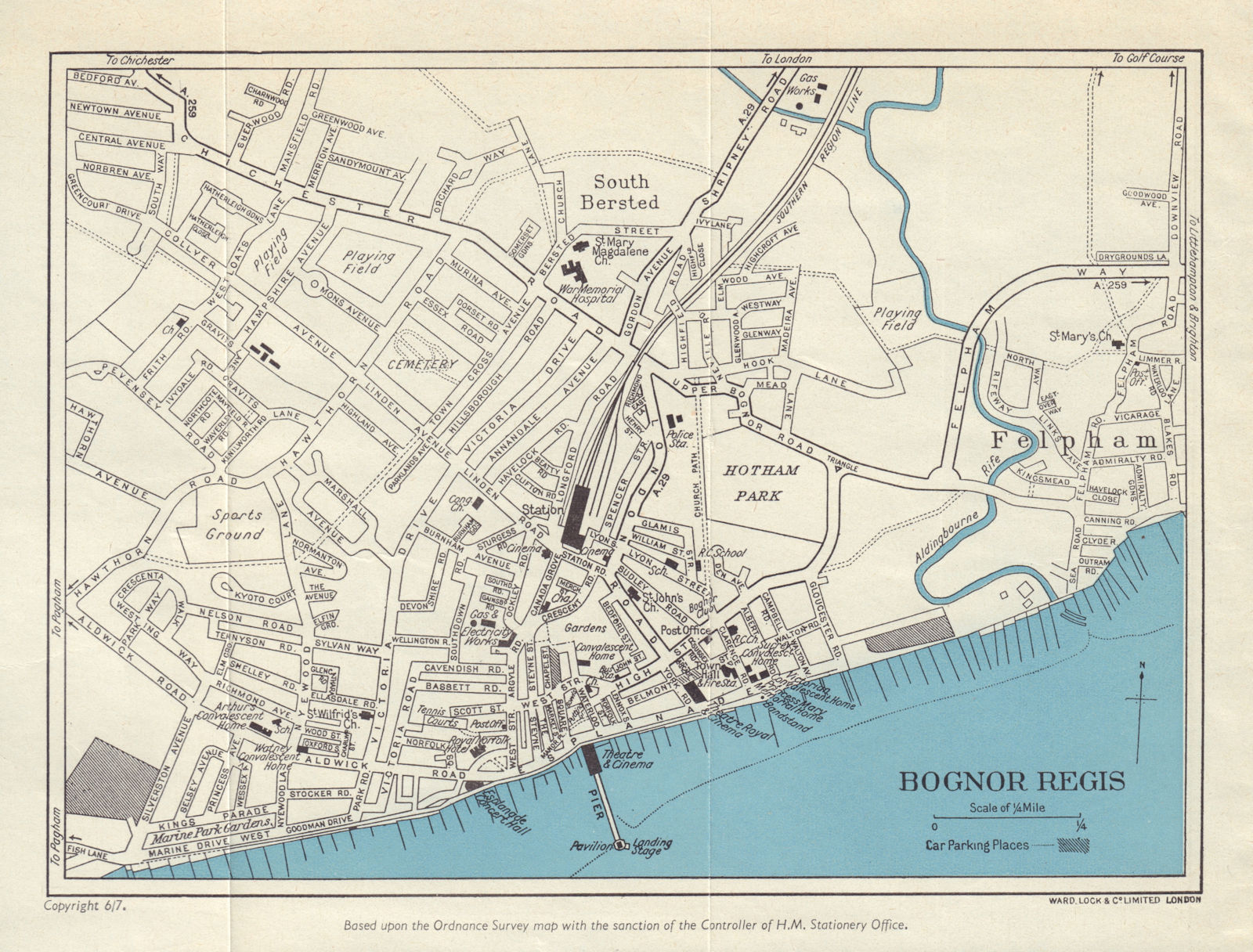 BOGNOR REGIS vintage city/town plan. Sussex. WARD LOCK c1949 old vintage map