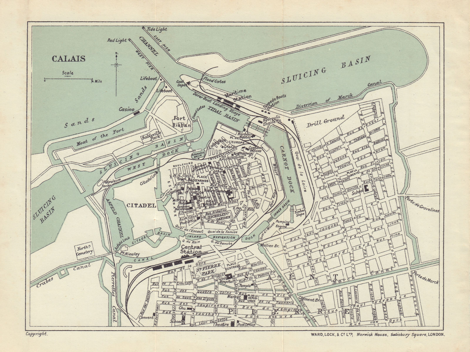 CALAIS vintage tourist town city plan. Pas-de-Calais. WARD LOCK 1912 old map