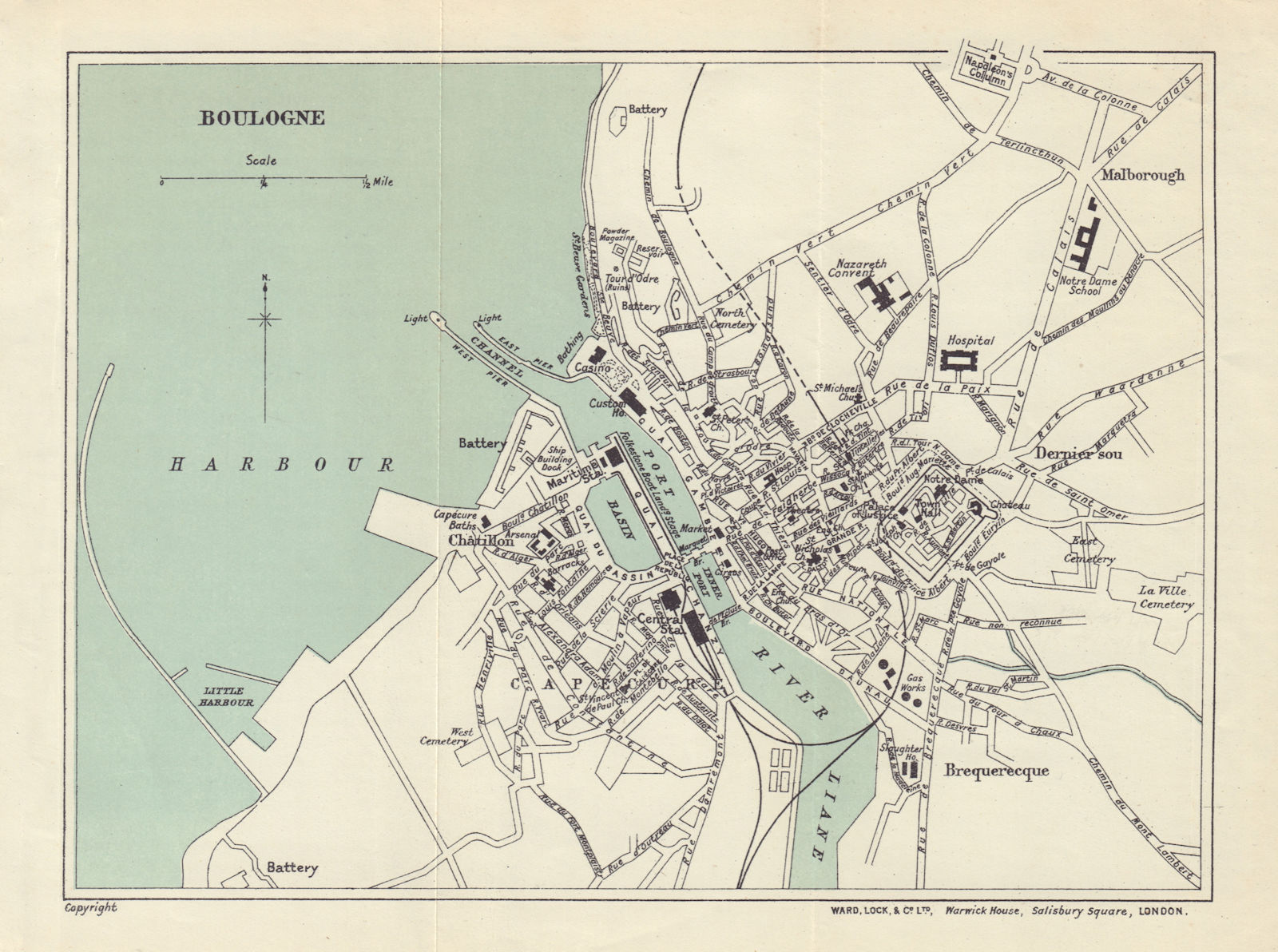 BOULOGNE vintage tourist town city plan. Pas-de-Calais. WARD LOCK 1912 old map