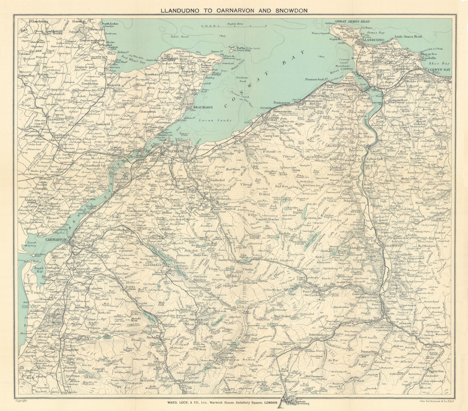 WALES. Llandudno to Caernarvon and Snowdon. WARD LOCK 1913 old antique map