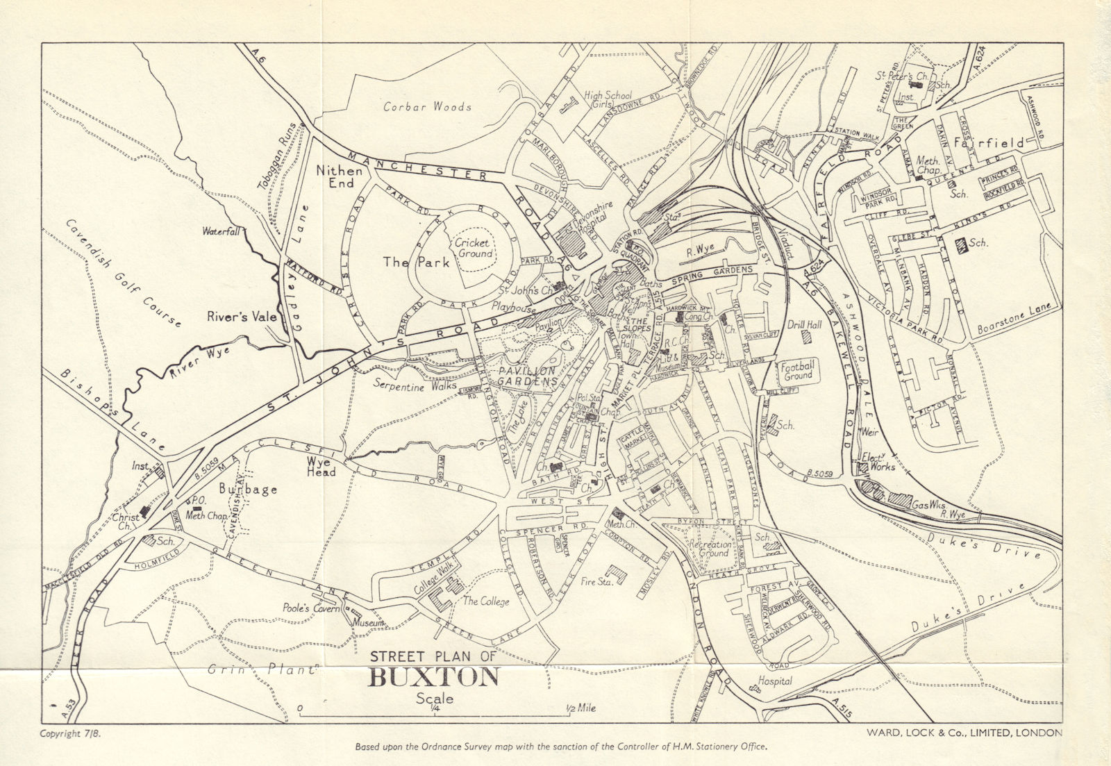 BUXTON vintage tourist town city plan. Derbyshire. WARD LOCK 1961 old map