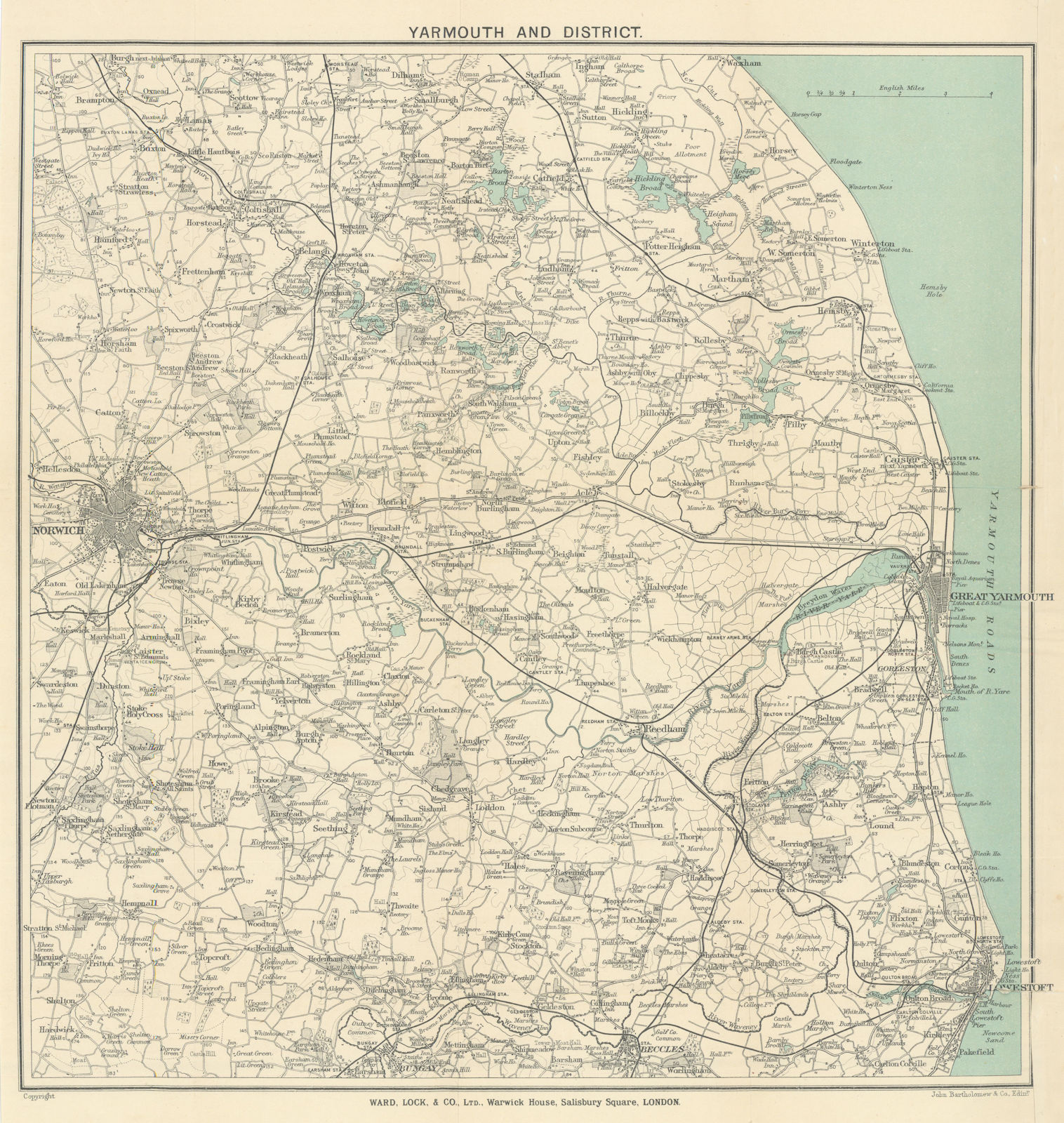 NORFOLK BROADS. Great Yarmouth Lowestoft Beccles Norwich. WARD LOCK 1909 map