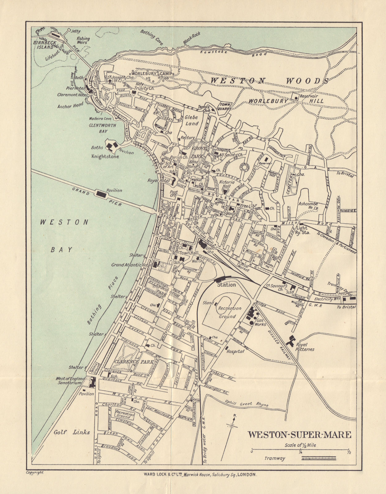 WESTON-SUPER-MARE vintage tourist town city plan. Somerset. WARD LOCK 1912 map
