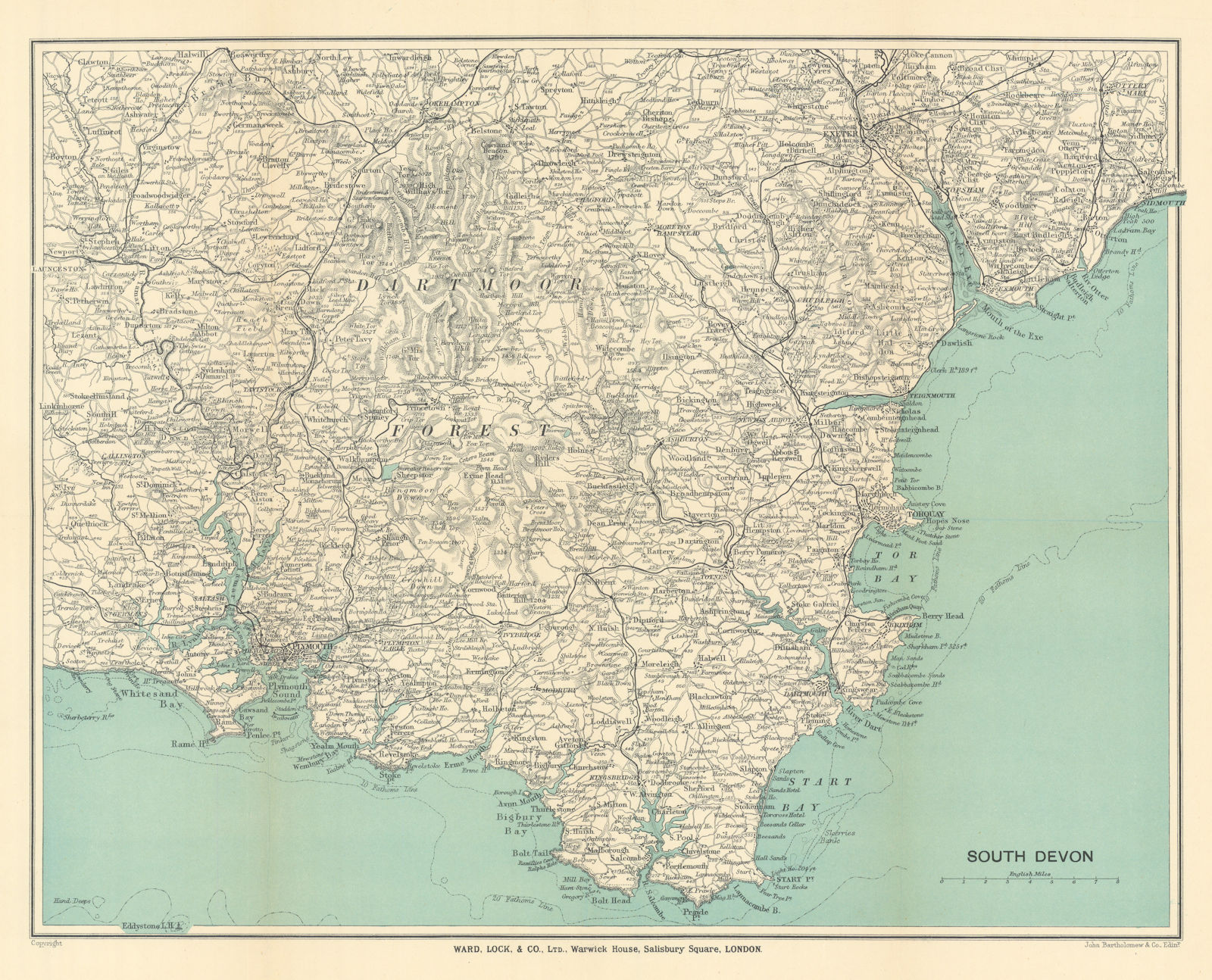 SOUTH DEVON. Dartmoor South Hams Torquay Tamar Valley Plymouth Exeter 1911 map