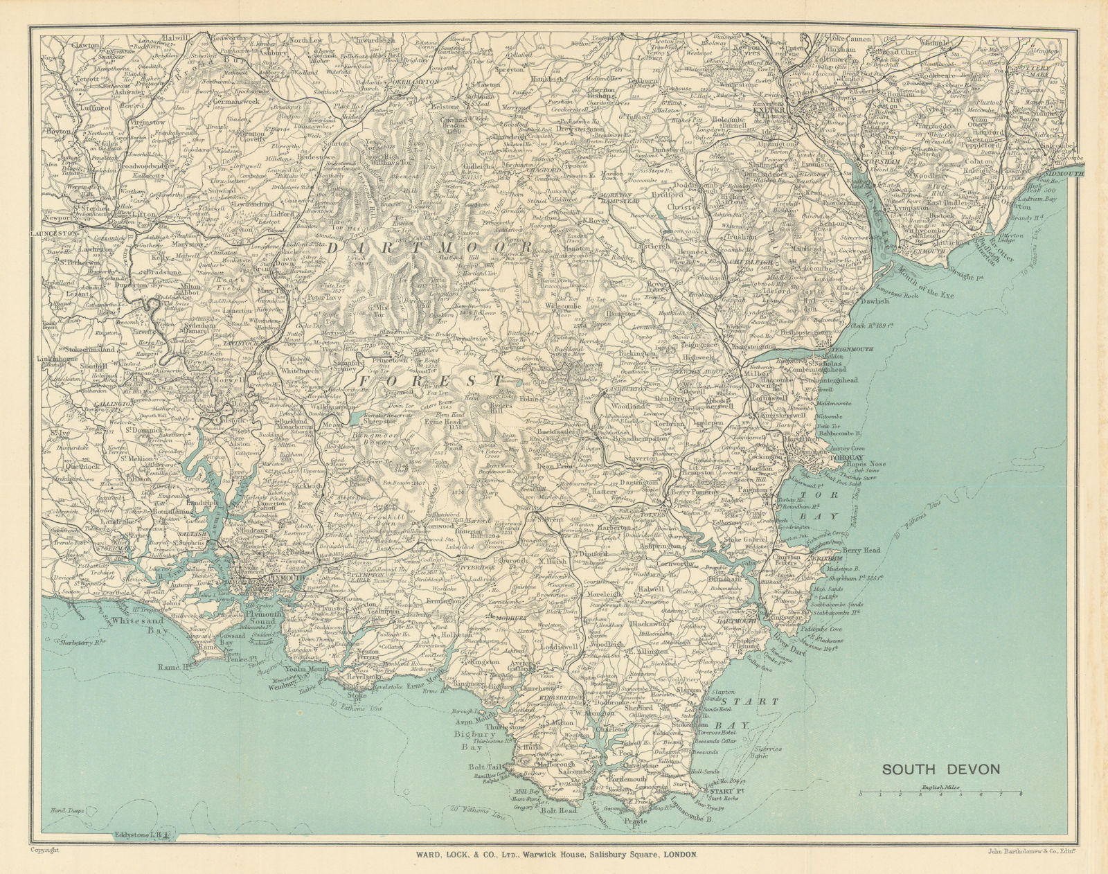 SOUTH DEVON. Dartmoor South Hams Torquay Tamar Valley Plymouth Exeter 1912 map