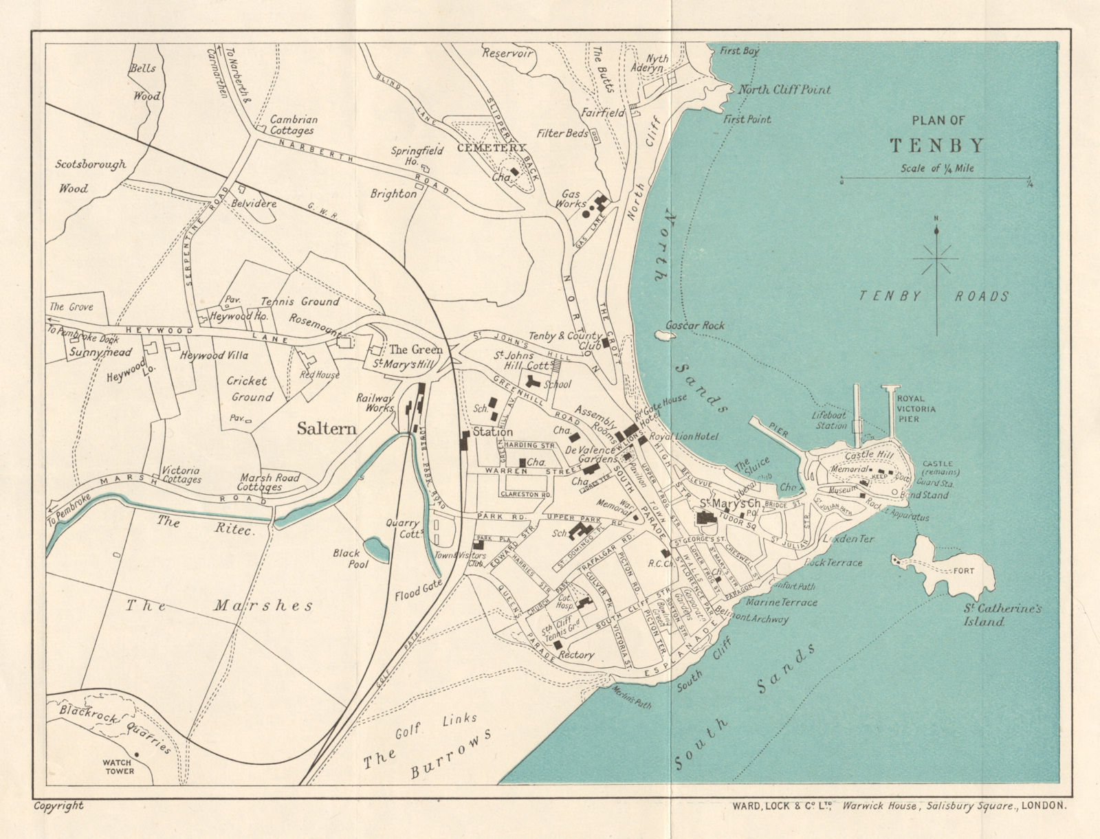 TENBY vintage tourist town city resort plan. Wales. WARD LOCK 1925 old map