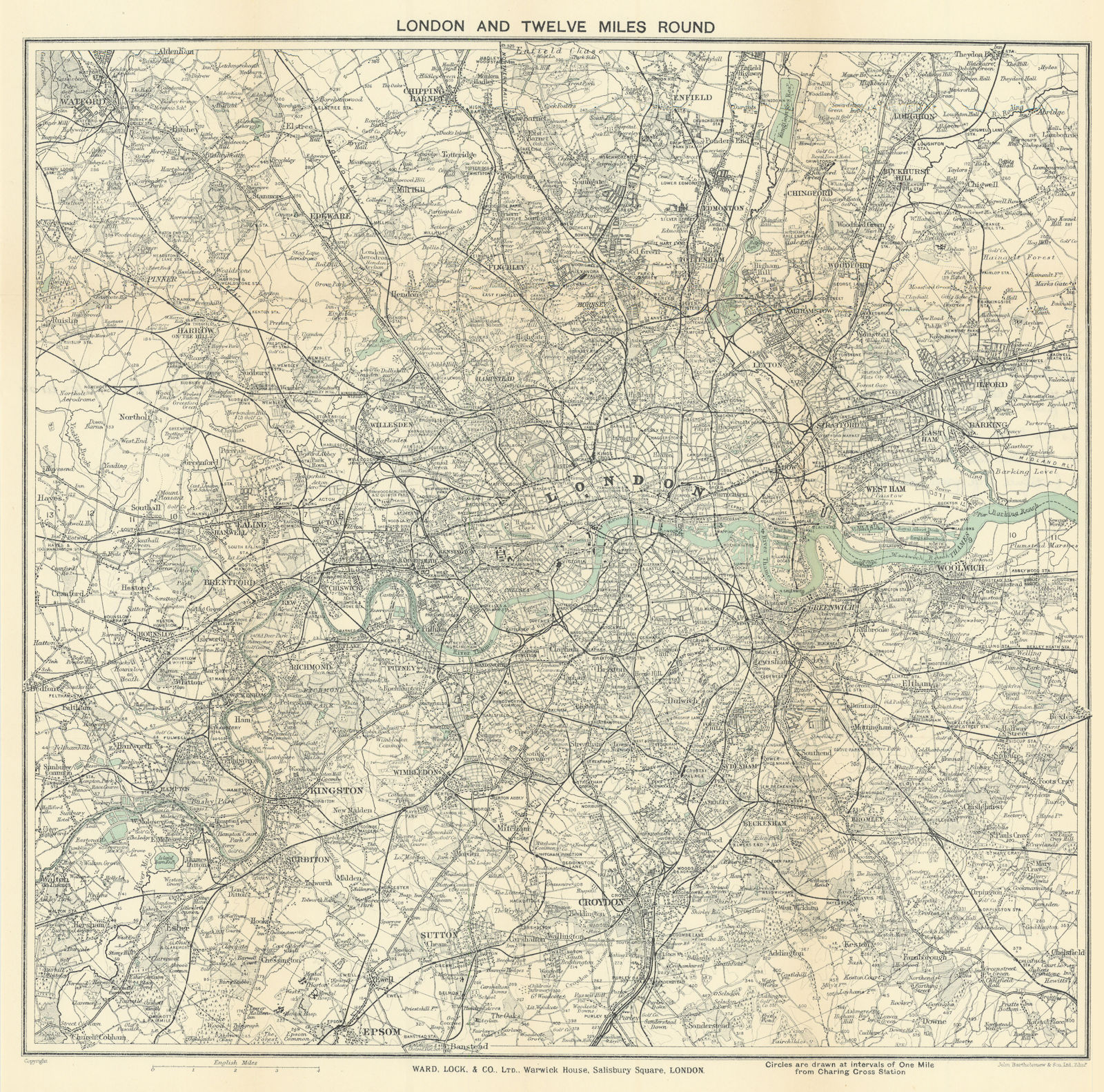 'LONDON AND TWELVE MILES ROUND'. Greater London. WARD LOCK 1921 old map