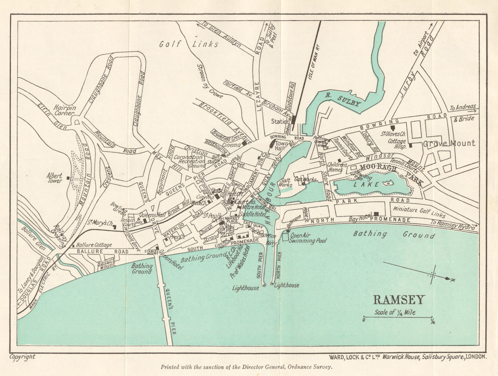 RAMSEY vintage town/city plan. Isle of Man. WARD LOCK 1938 old vintage map