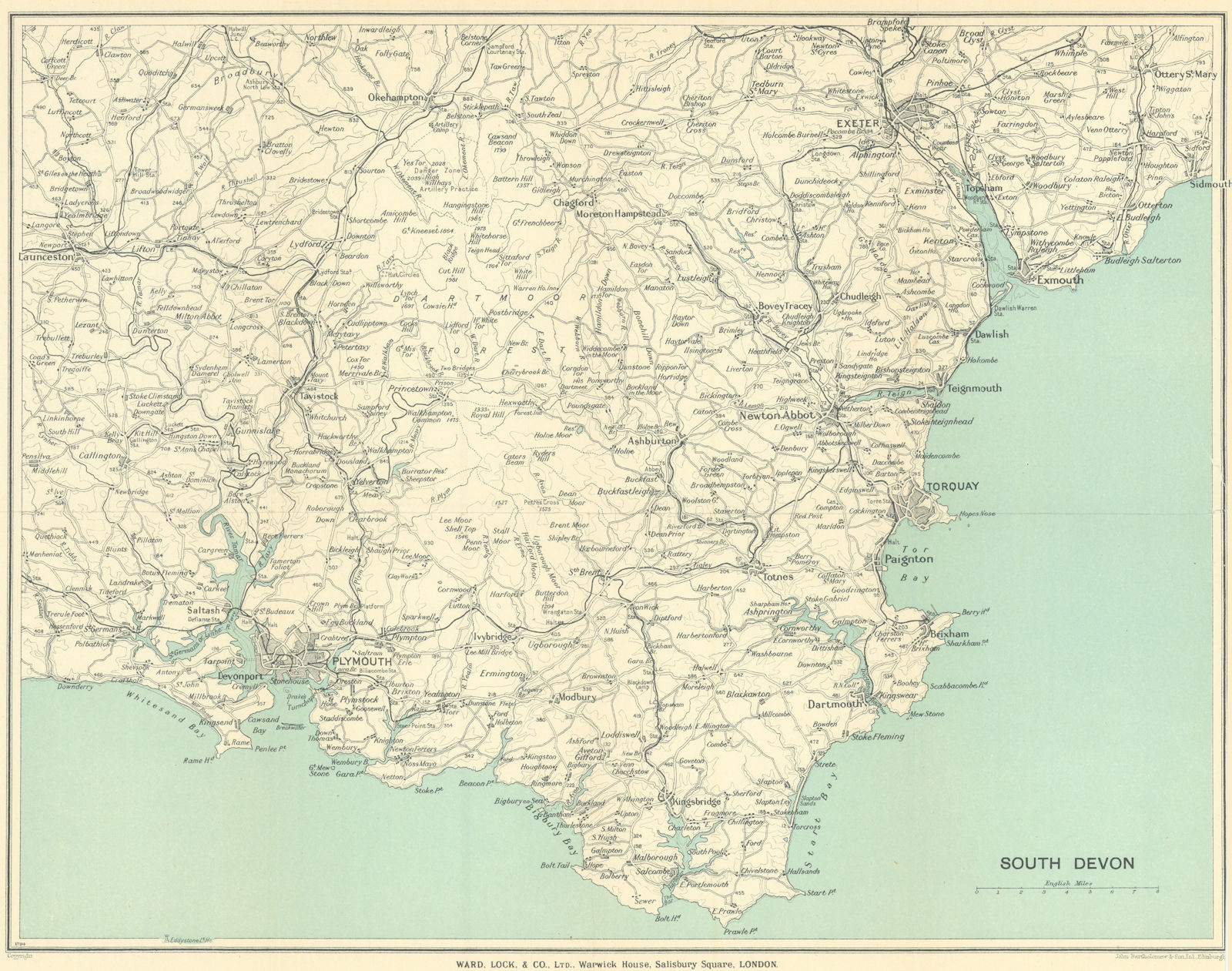 SOUTH DEVON. Dartmoor South Hams Torquay Tamar Valley Plymouth Exeter 1935 map