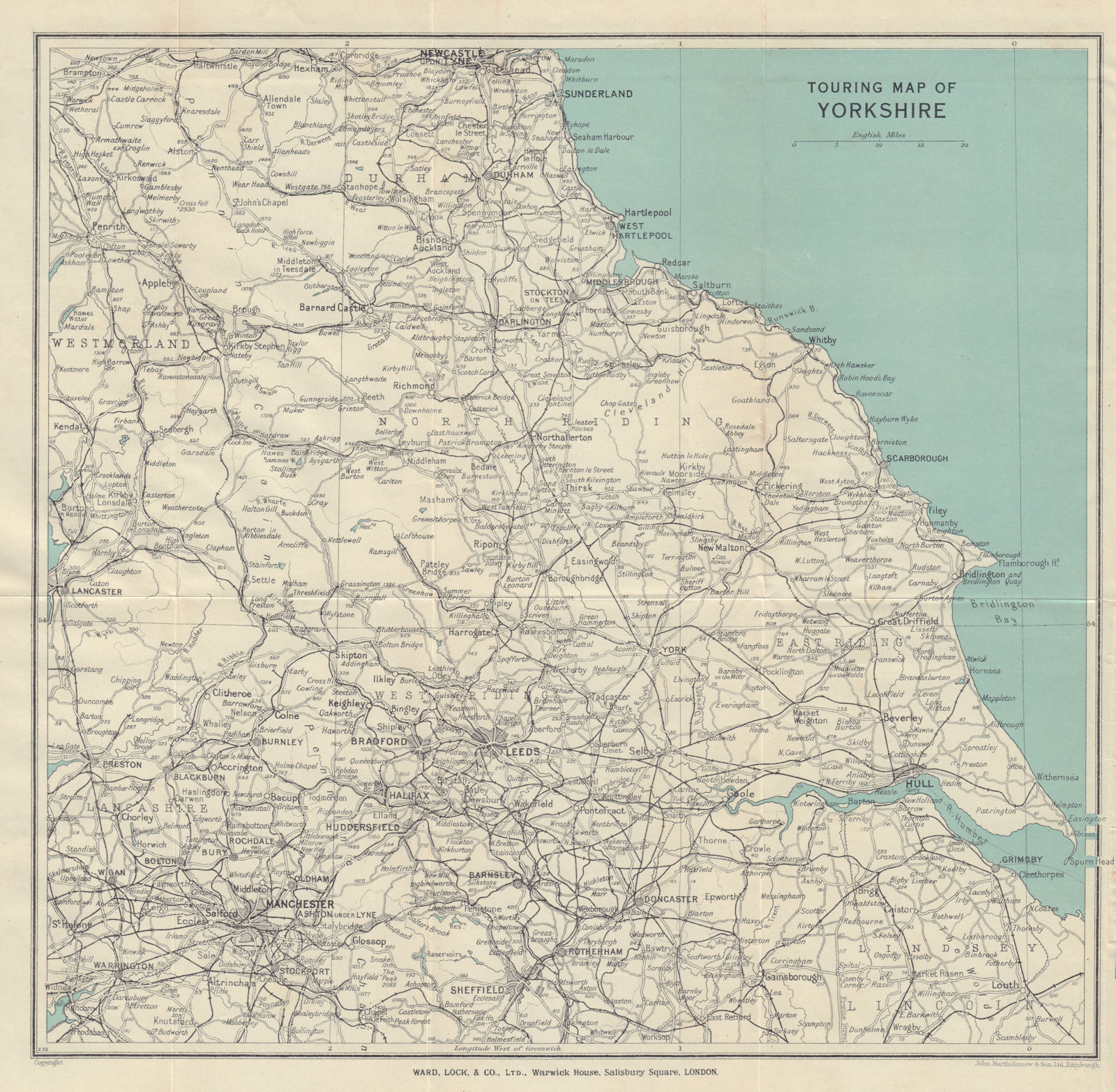 TOURING MAP OF YORKSHIRE & Northern England. Pre-motorways. WARD LOCK 1933