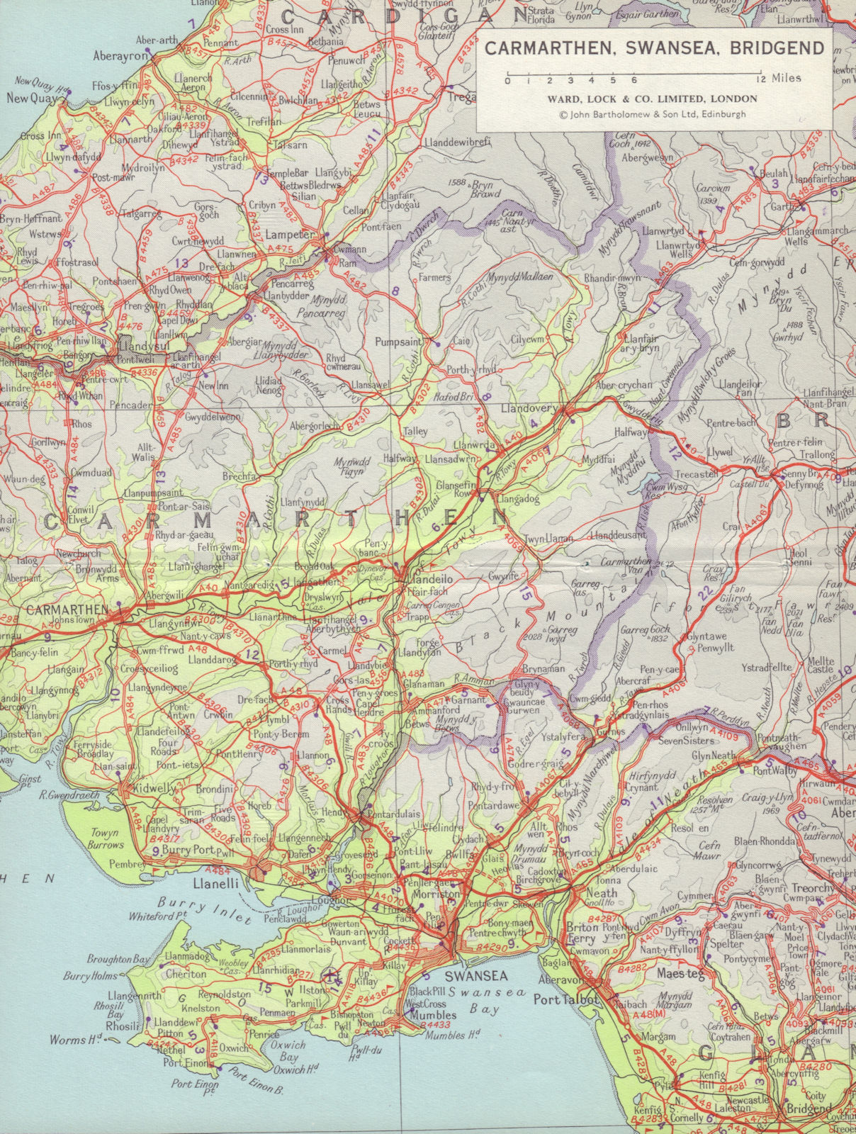 South Wales. Carmarthen Swansea Bridgend Gower. WARD LOCK 1966 old vintage map