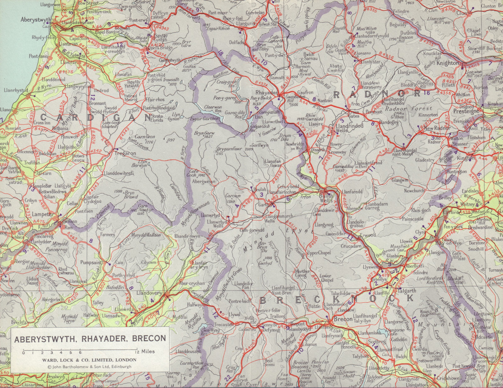 Central Wales. Aberystwyth Rhayader Brecon Presteigne. WARD LOCK 1966 old map
