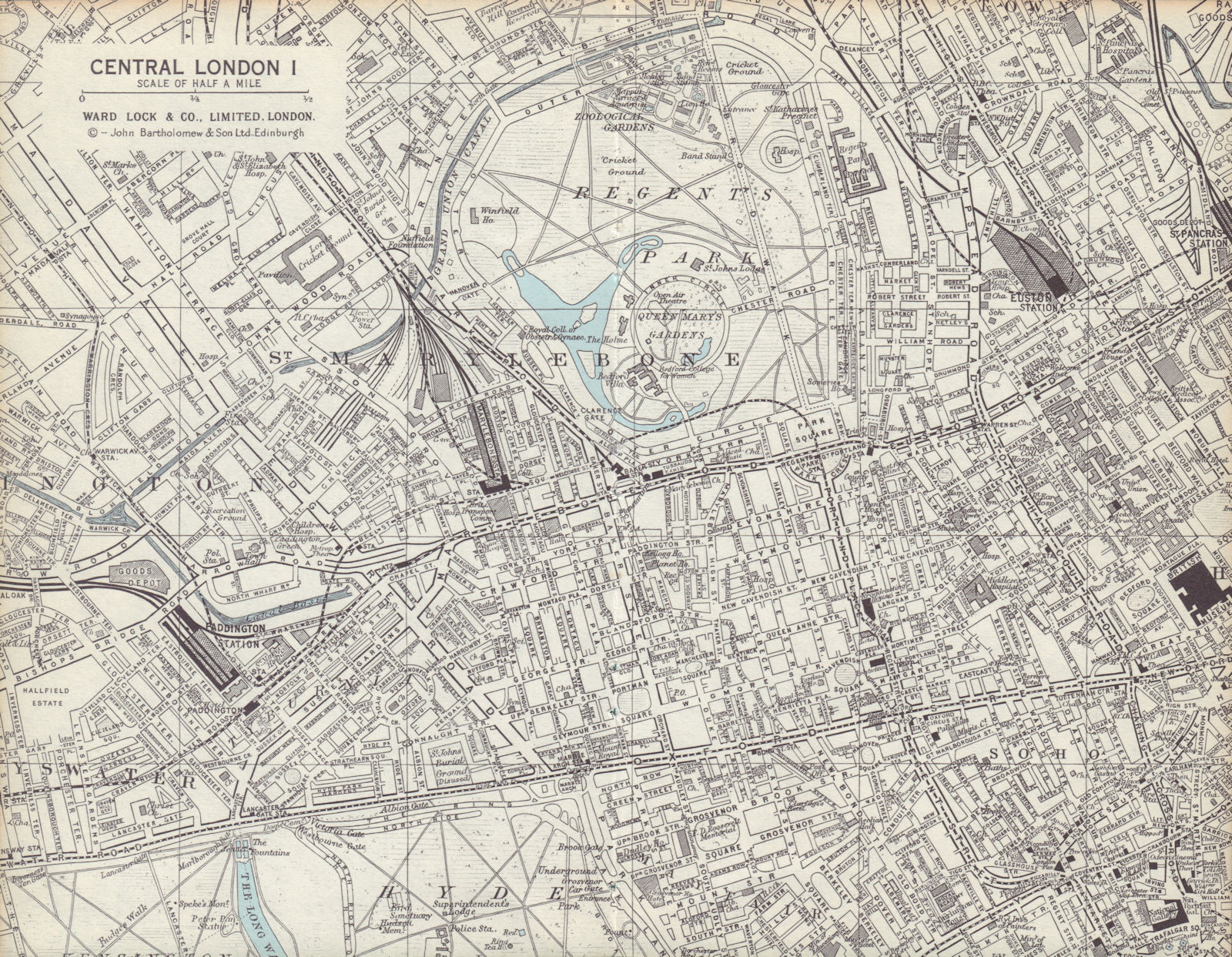Central London 1. Marylebone Mayfair St James's Bayswater. WARD LOCK 1970 map