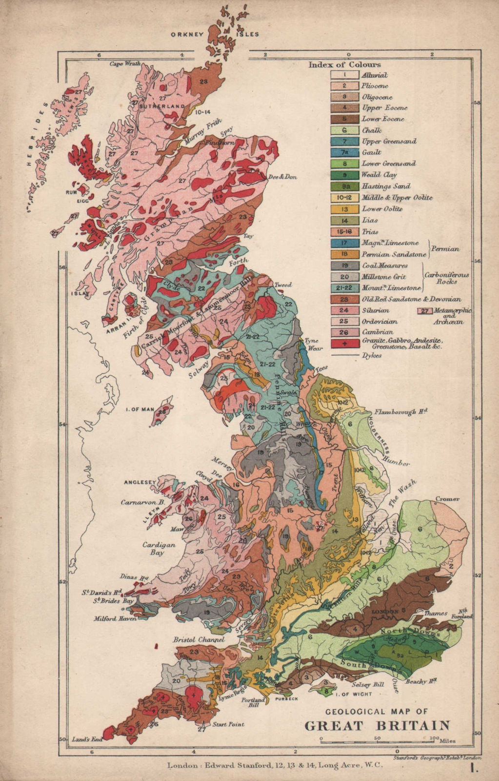 UK Geological map of Great Britain 1907 old antique vintage plan chart