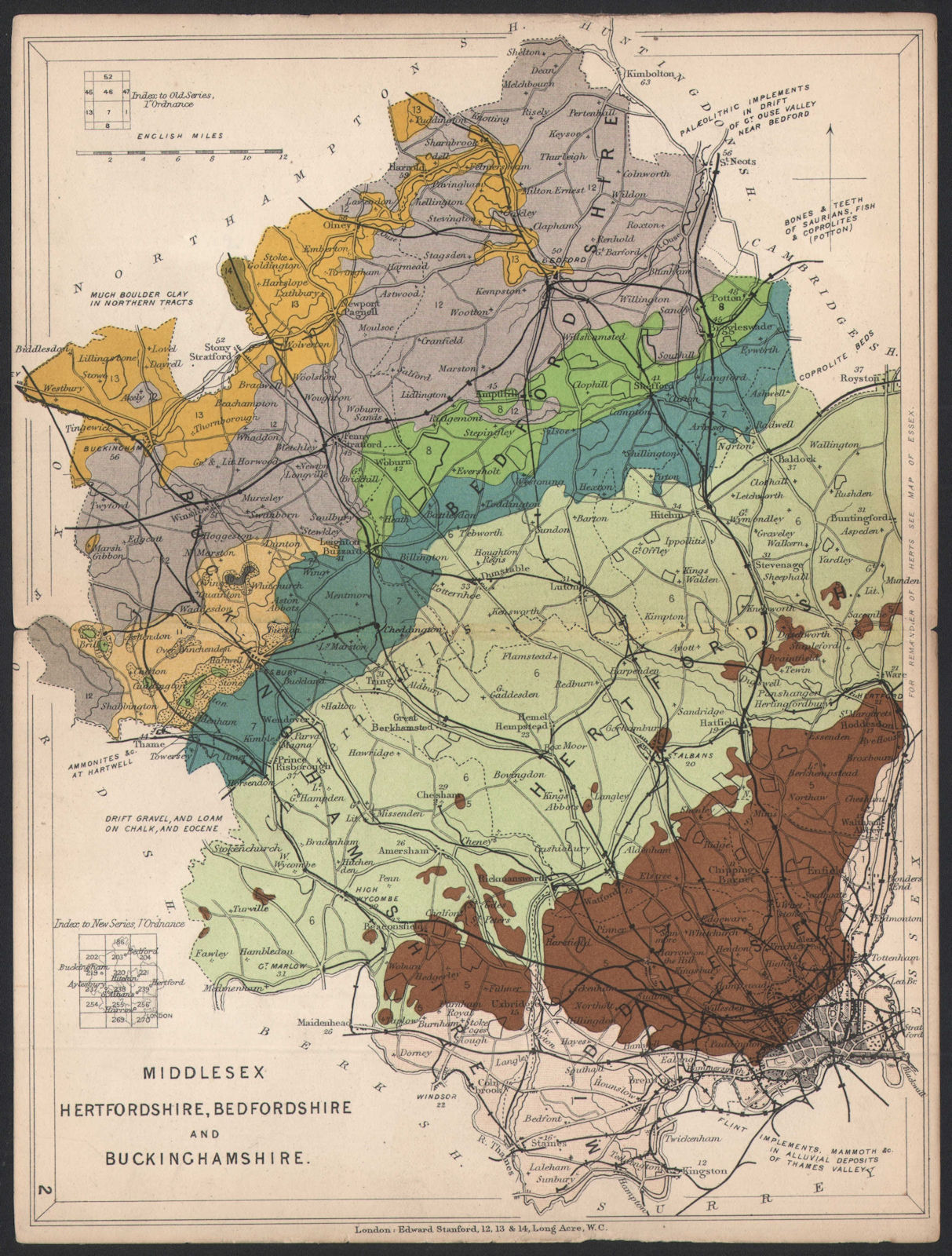 Associate Product MIDDLESEX HERTFORDSHIRE BEDFORDSHIRE & BUCKS Geological. STANFORD 1907 old map