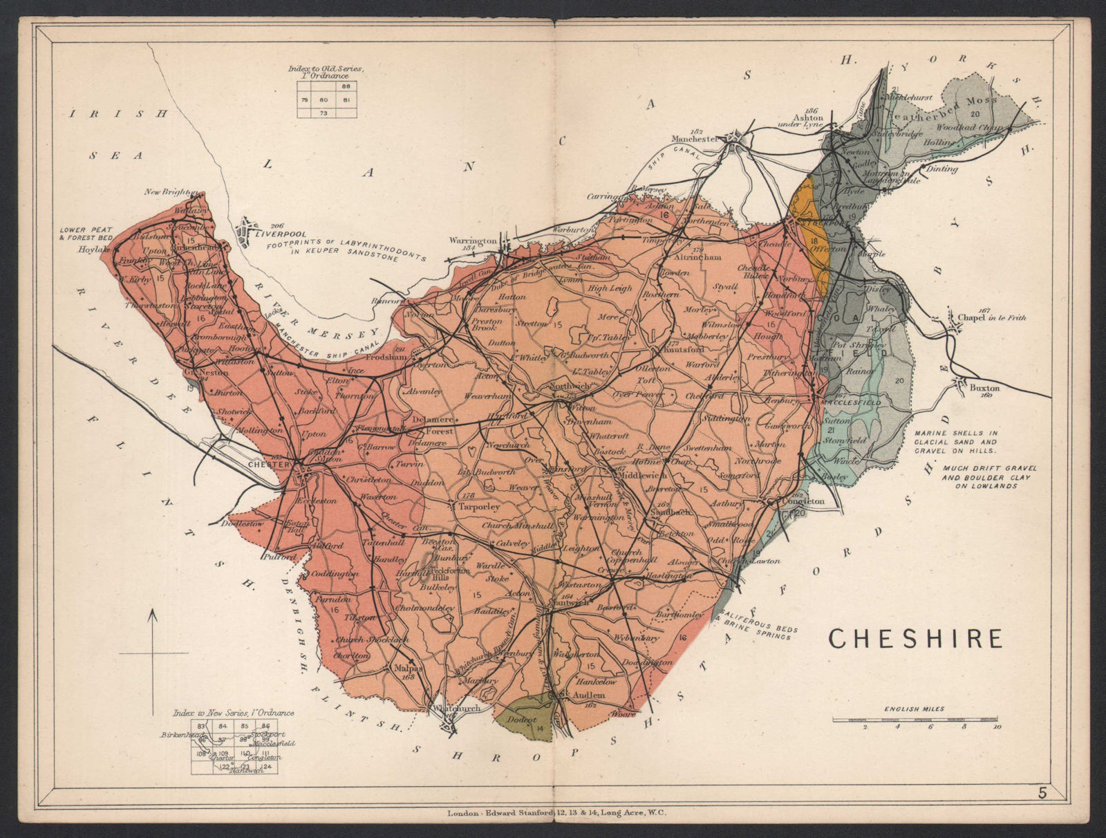 CHESHIRE Geological map. STANFORD 1907 old antique vintage plan chart