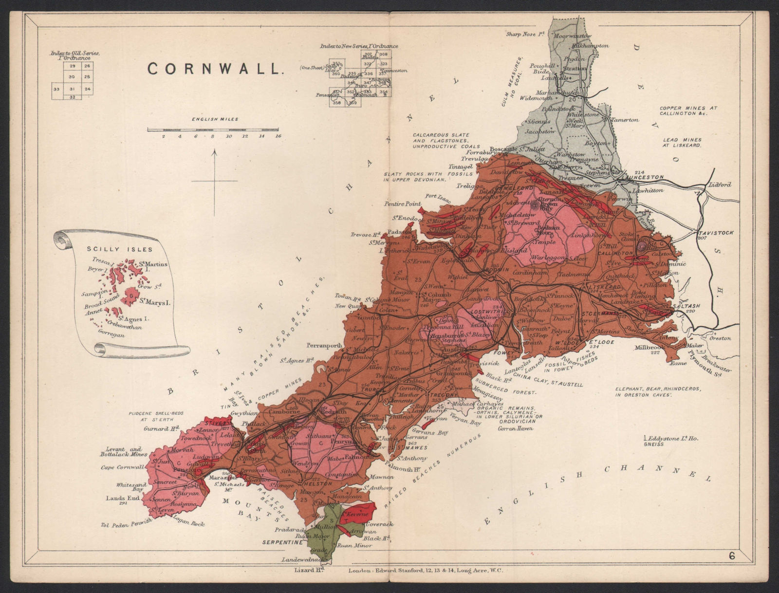 CORNWALL Geological map. STANFORD 1907 old antique vintage plan chart