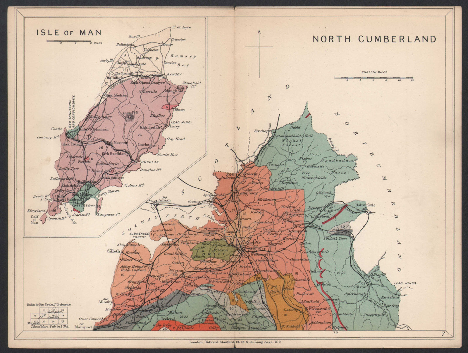 Associate Product CUMBRIA North Cumberland; Inset Isle of Man. Geological map. STANFORD 1907