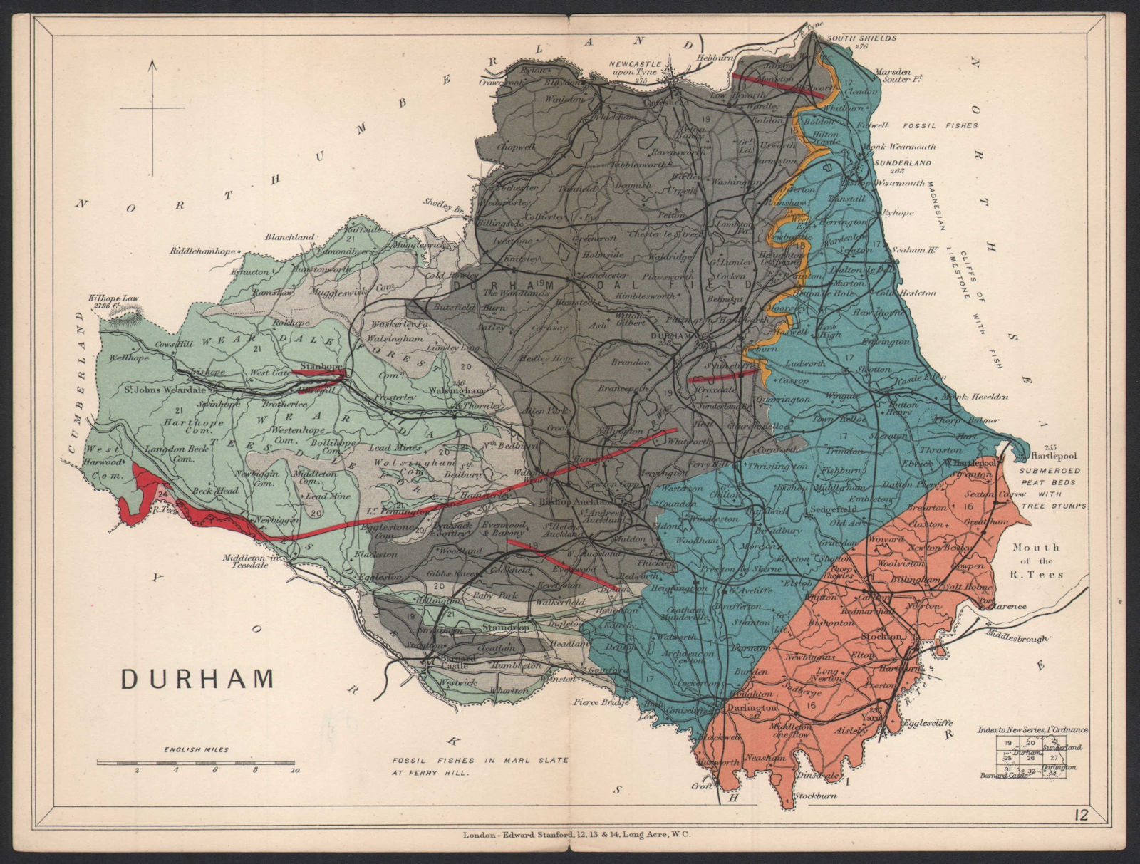 Associate Product COUNTY DURHAM Geological map. STANFORD 1907 old antique vintage plan chart