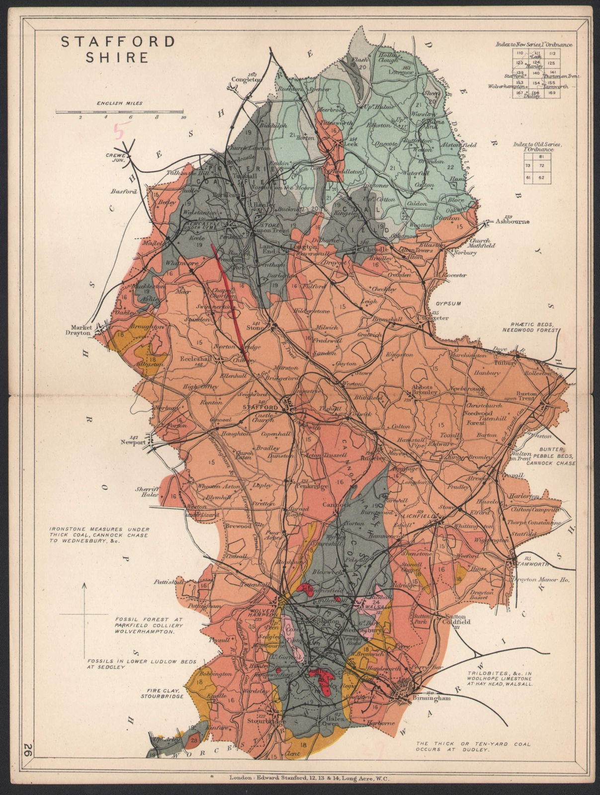 STAFFORDSHIRE Geological map. STANFORD 1907 old antique vintage plan chart