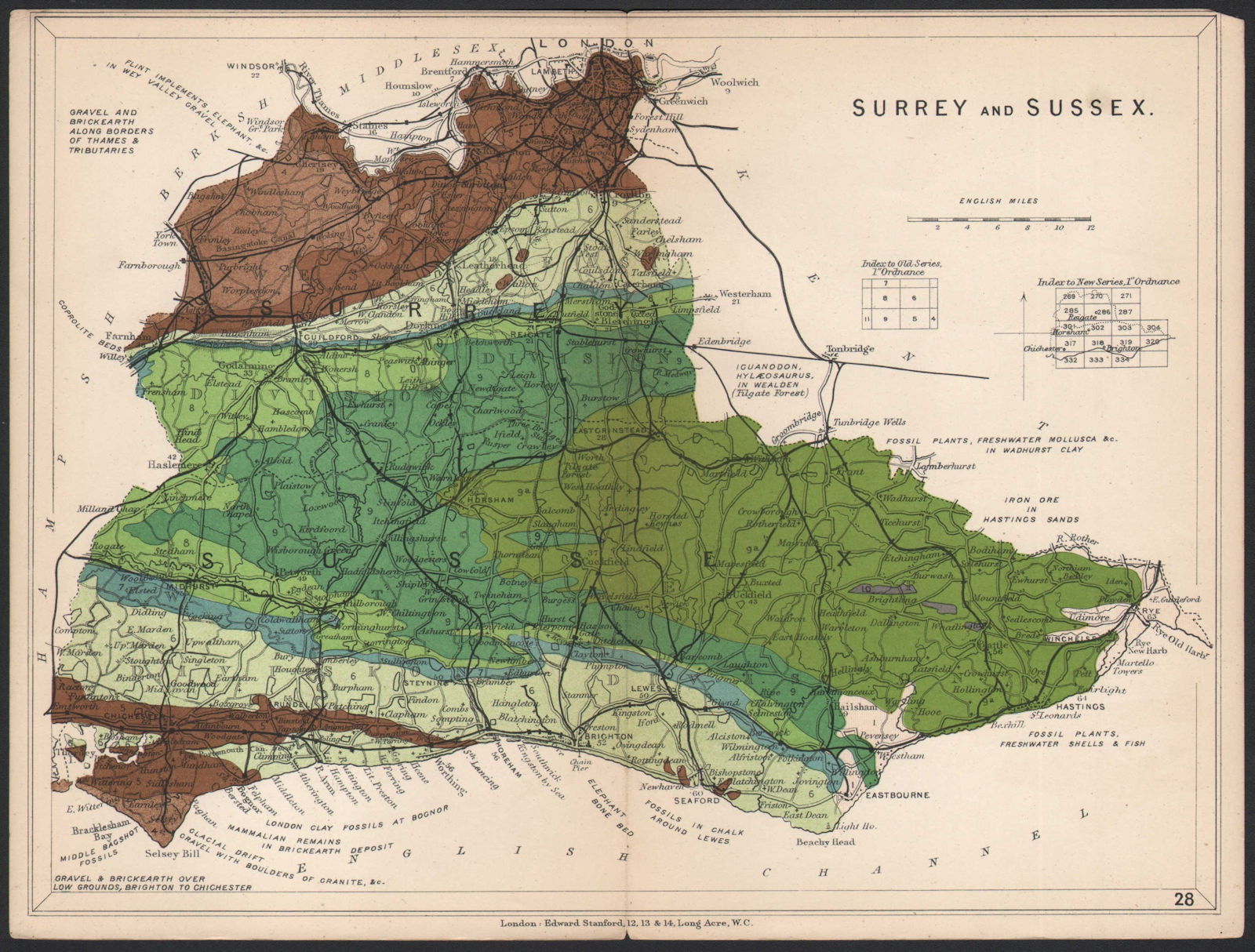 SURREY AND SUSSEX Geological map. STANFORD 1907 old antique plan chart