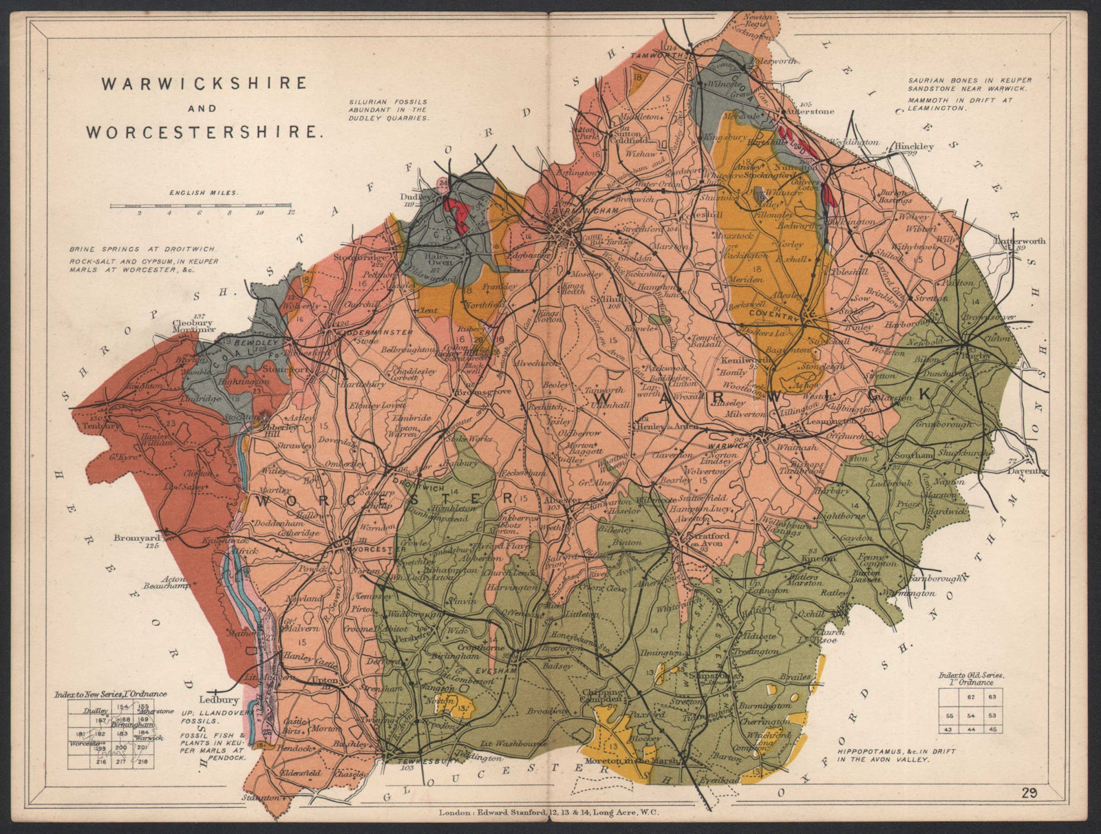 WARWICKSHIRE AND WORCESTERSHIRE Geological map. STANFORD 1907 old antique