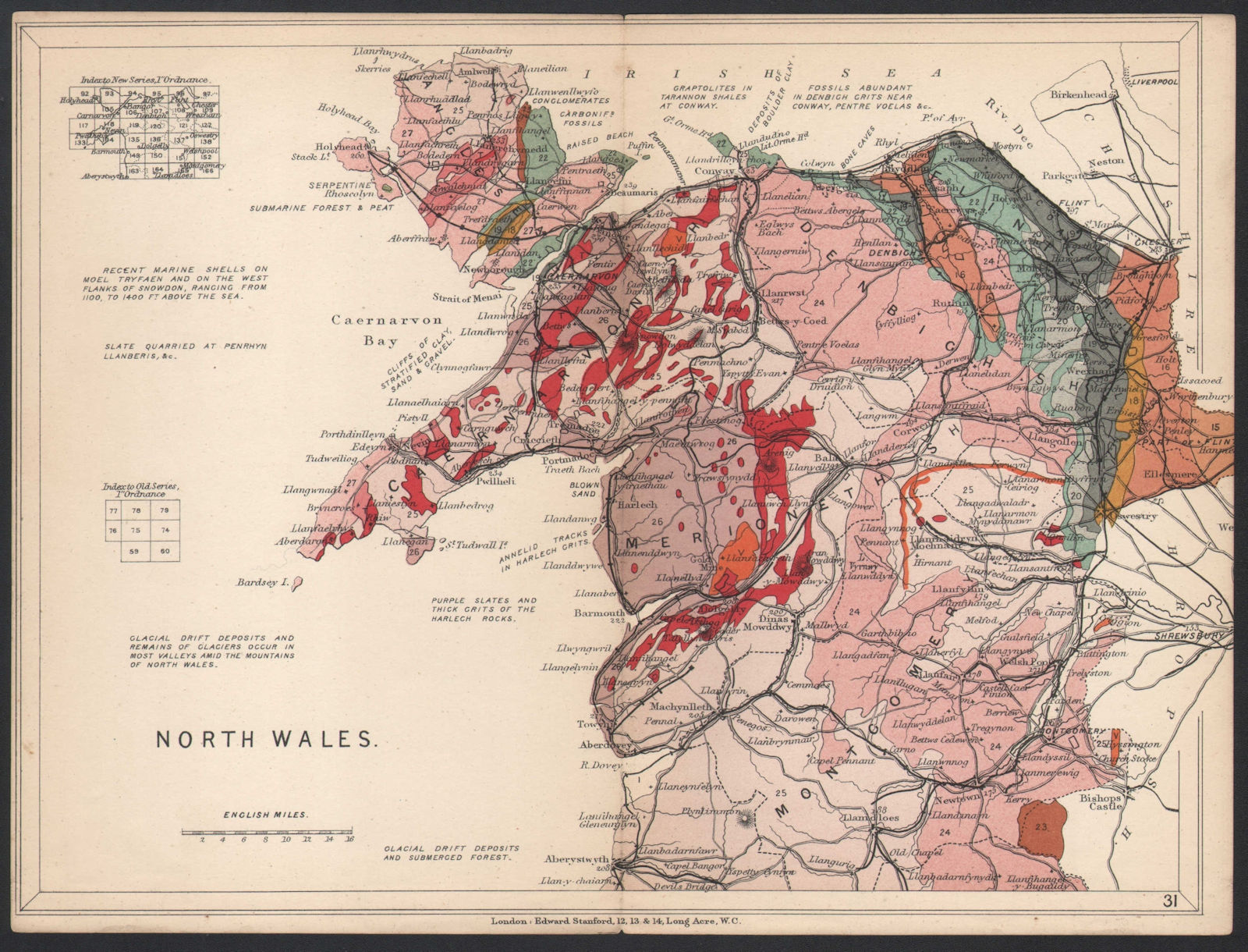 NORTH WALES Geological map. STANFORD 1907 old antique vintage plan chart