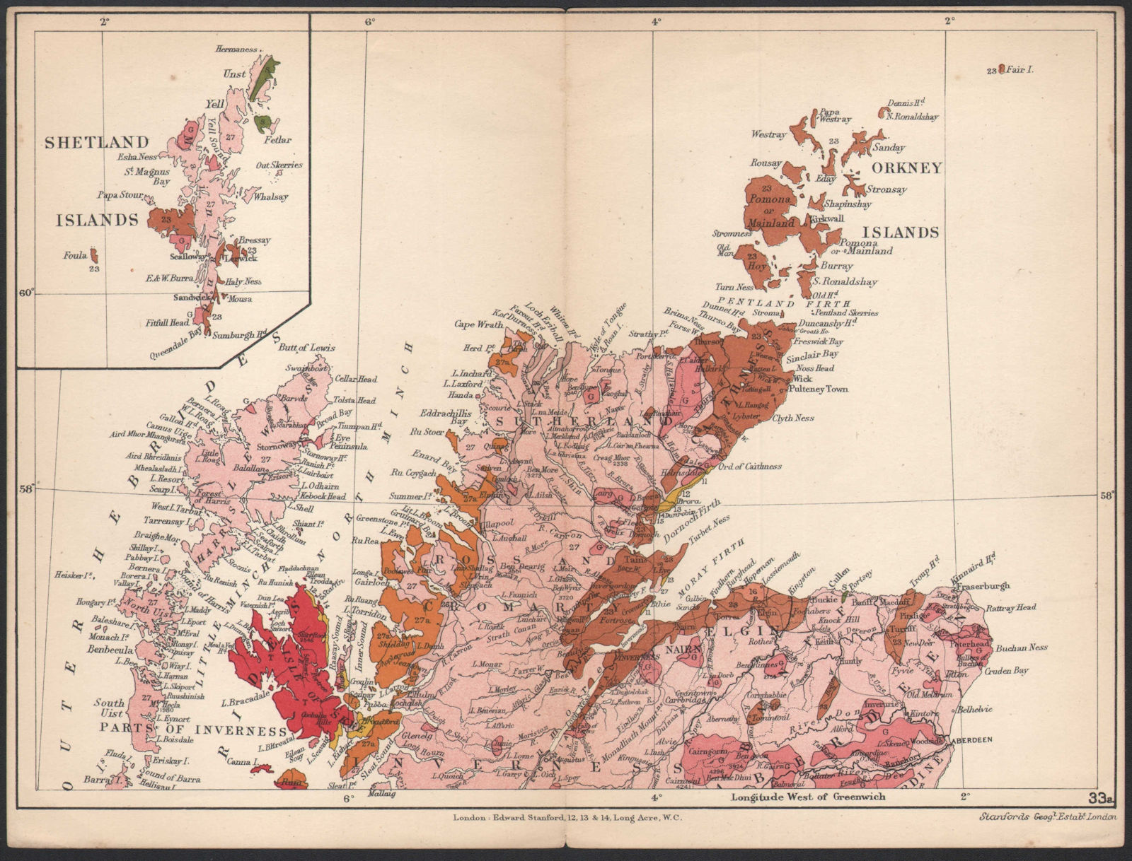 NORTH SCOTLAND Orkneys; Inset Shetlands. Geological. STANFORD 1907 old map
