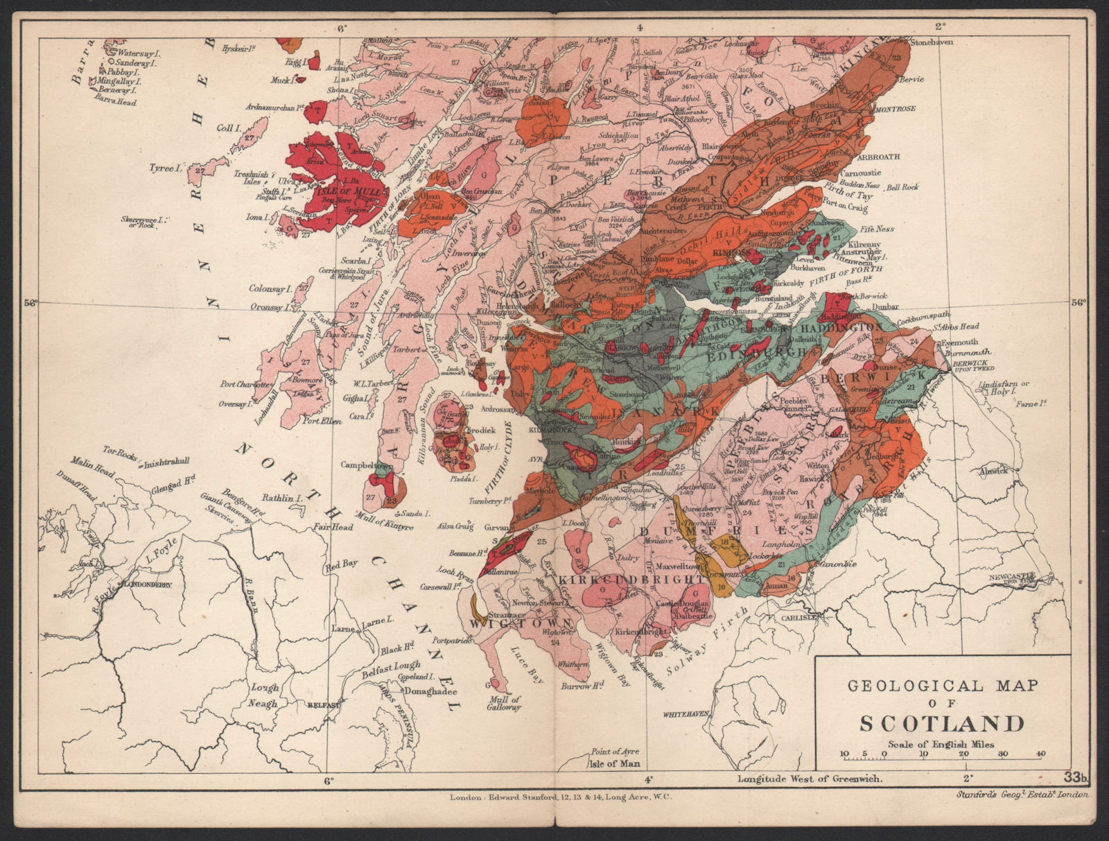 SOUTHERN SCOTLAND Geological map. STANFORD 1907 old antique plan chart