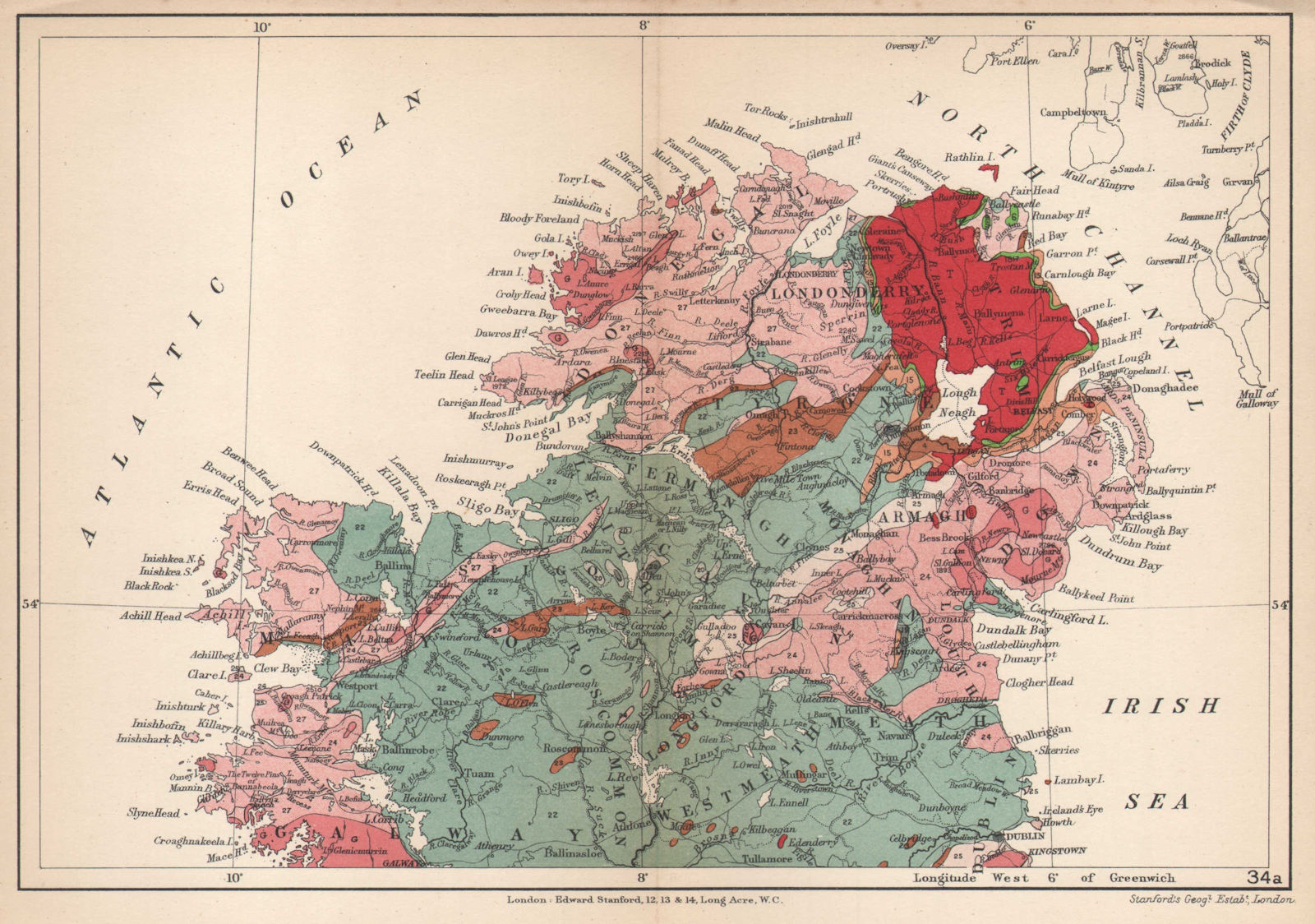 NORTHERN IRELAND Geological map. STANFORD 1907 old antique plan chart