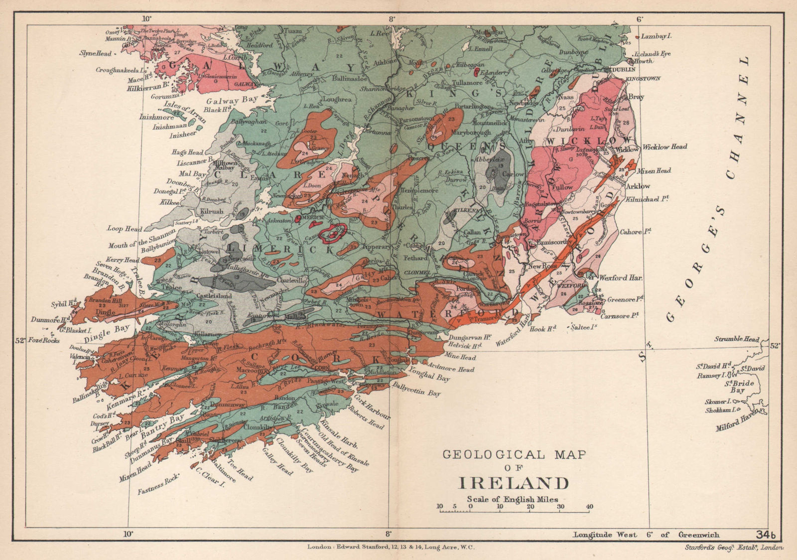 Associate Product SOUTHERN IRELAND Geological map. STANFORD 1907 old antique plan chart