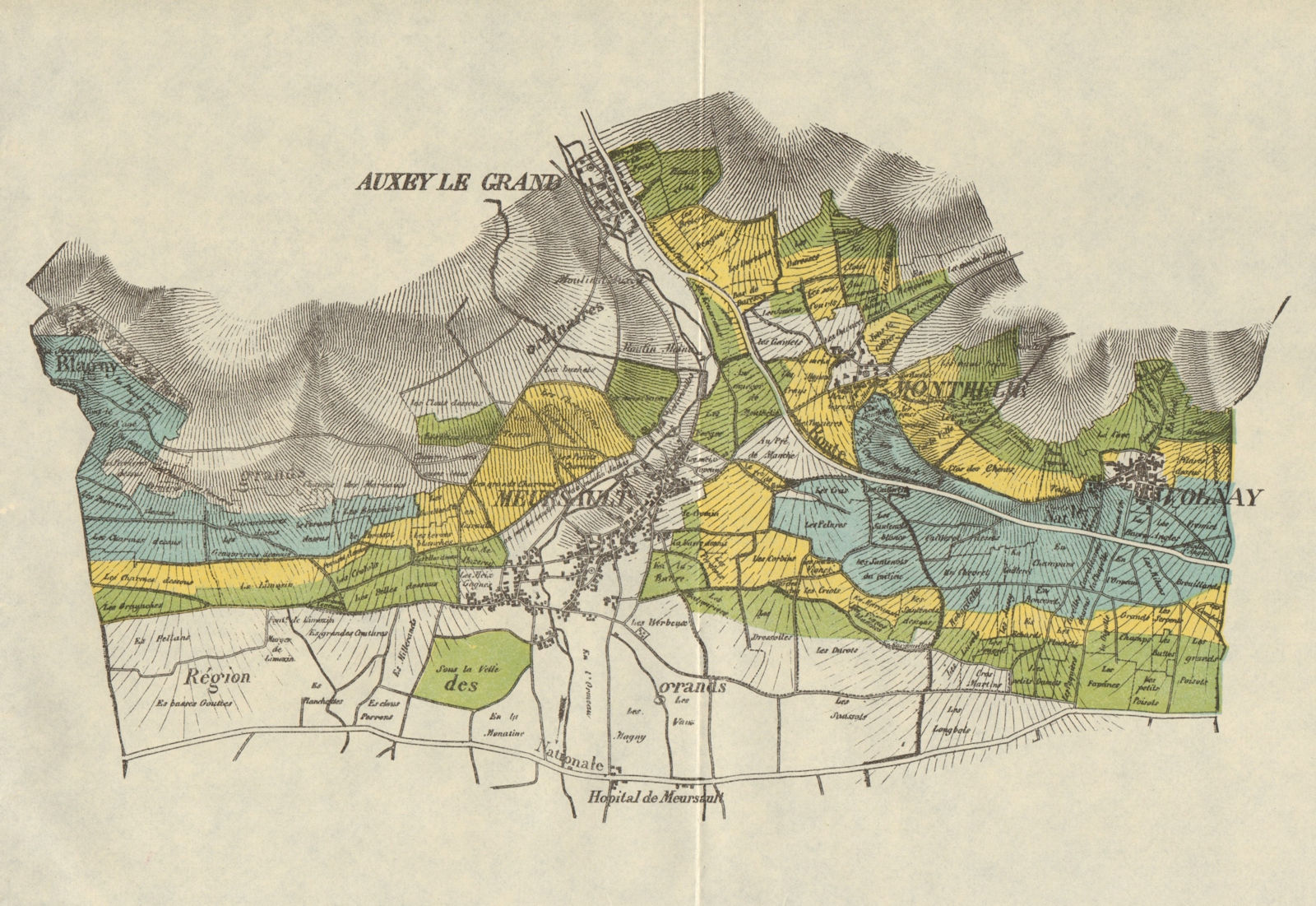 BURGUNDY BOURGOGNE VINEYARD MAP Volnay Monthélie Auxey Meursault RODIER 1920