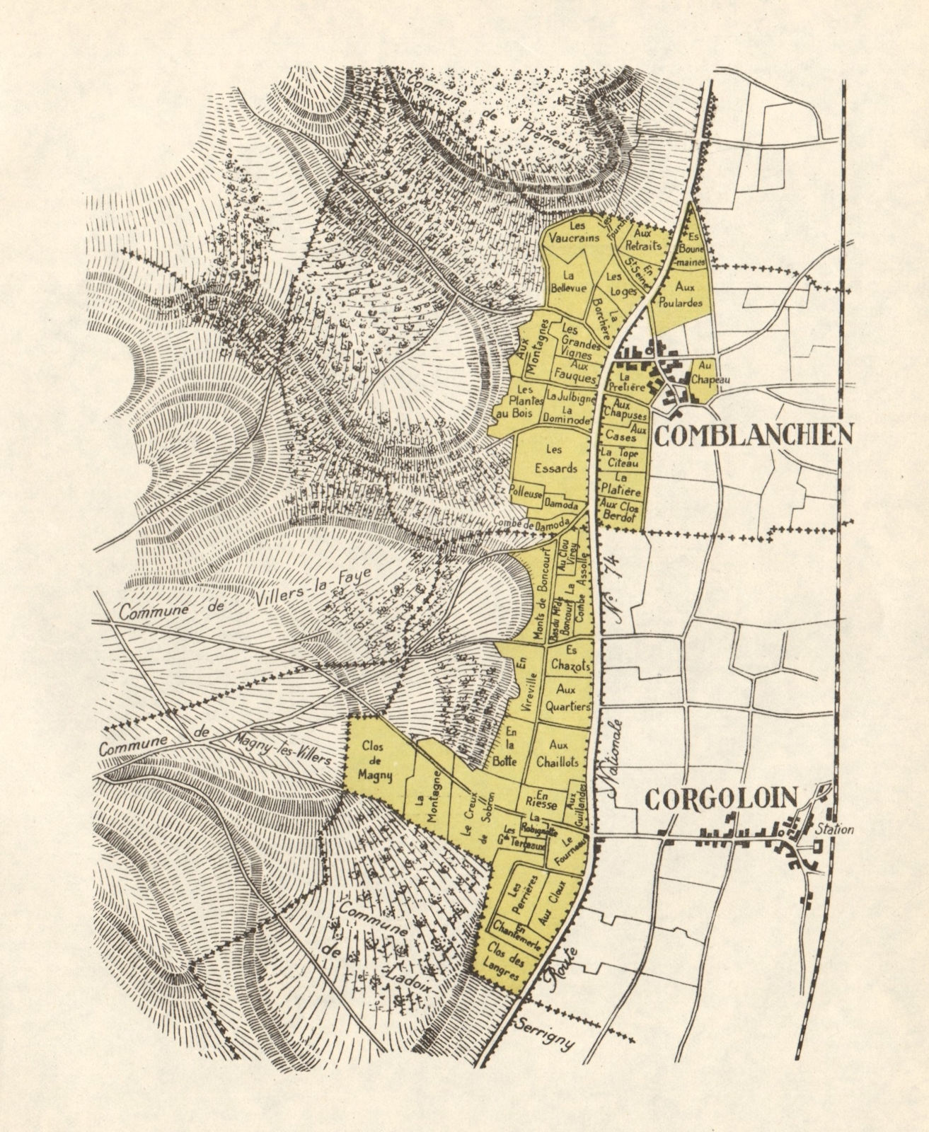 BURGUNDY BOURGOGNE VINEYARD MAP Côte de Nuits Villages Comblanchien RODIER 1948