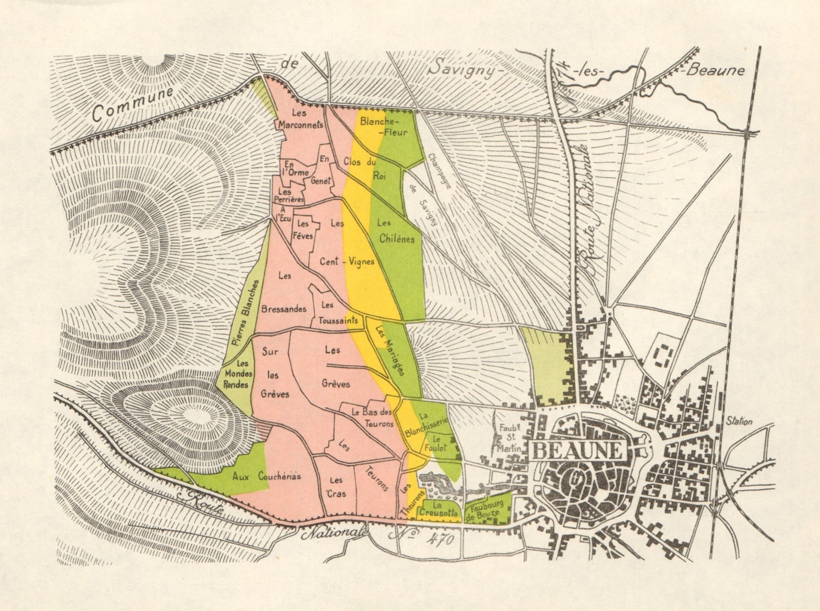 BURGUNDY BOURGOGNE VINEYARD MAP Côte de Beaune - Beaune Nord RODIER 1948
